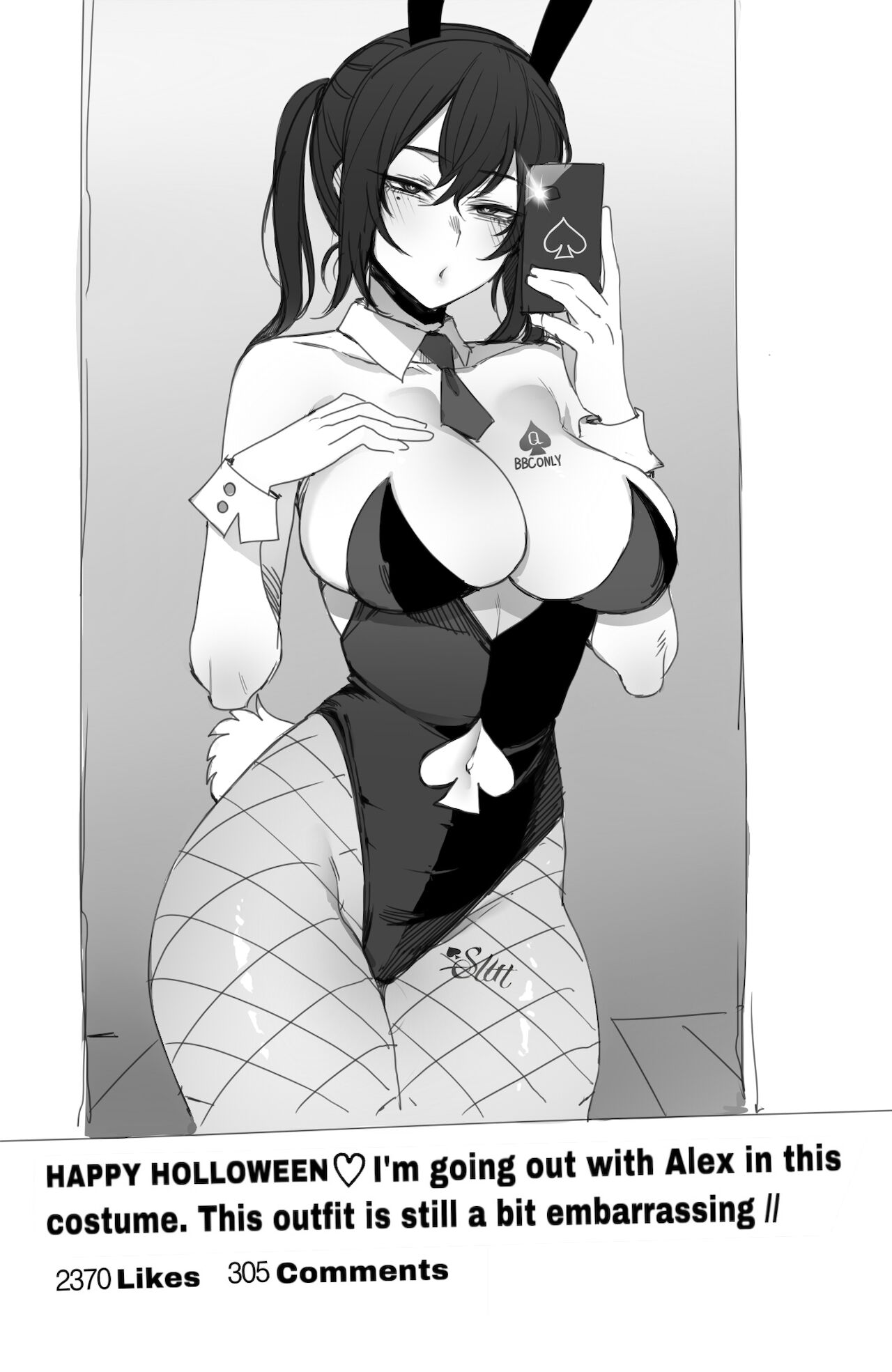 1girls, big breasts, breasts, bunnysuit, cleavage, female, halloween, original, original character, phone, qos, queen of spade symbol, queen of spade tattoo, queen of spades, ratatatat74, social media, spade cutout, tattoo, tattoos