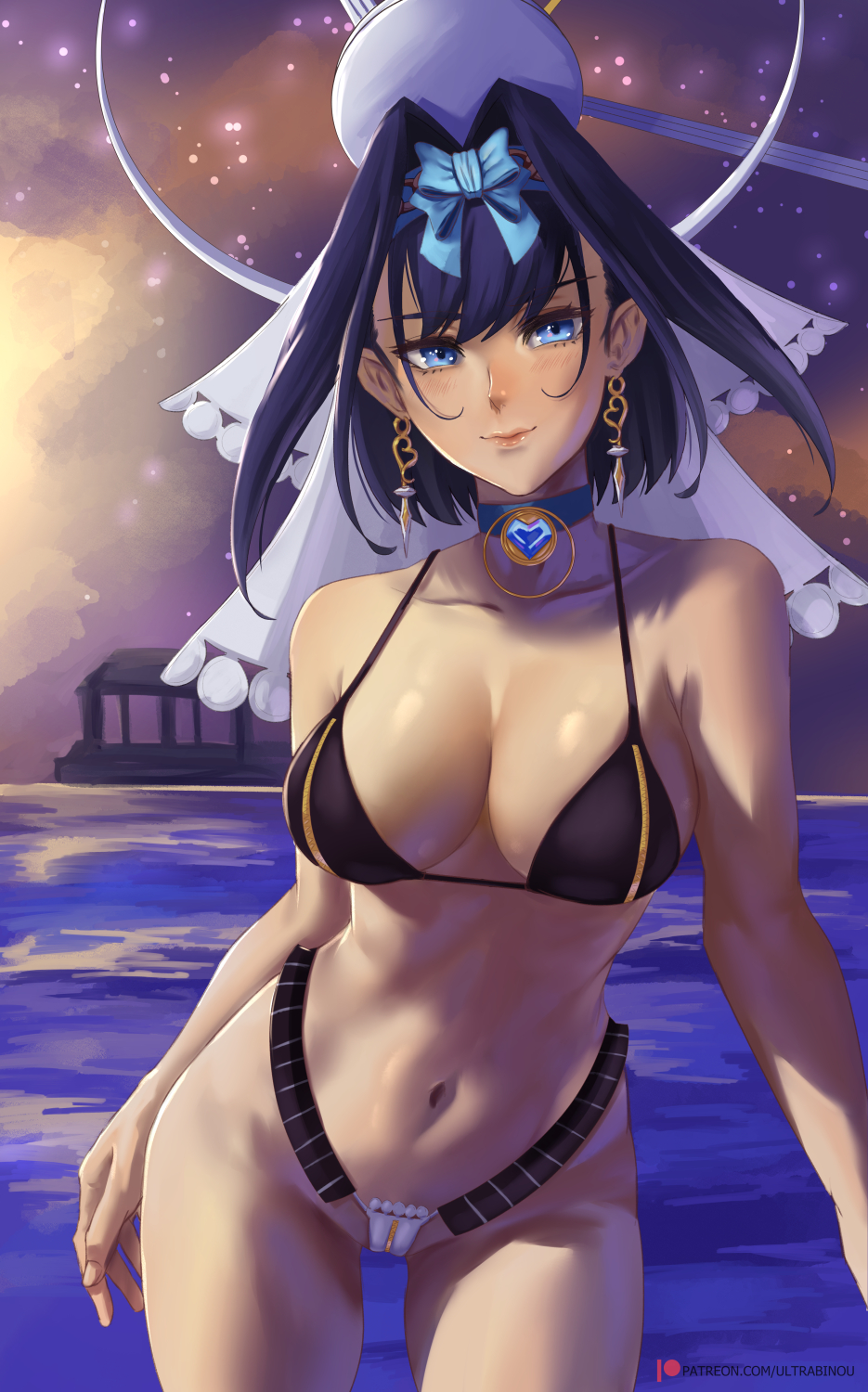 1girls, 2022, bikini, black hair, blue eyes, bow, bow in hair, breasts, choker, earrings, female, female only, hair ornament, hips, hololive, hololive english, hololive english -council-, hololive english -promise-, large breasts, ouro kronii, outdoors, short hair, slim waist, thick thighs, thighs, ultrabinou, virtual youtuber, wide hips