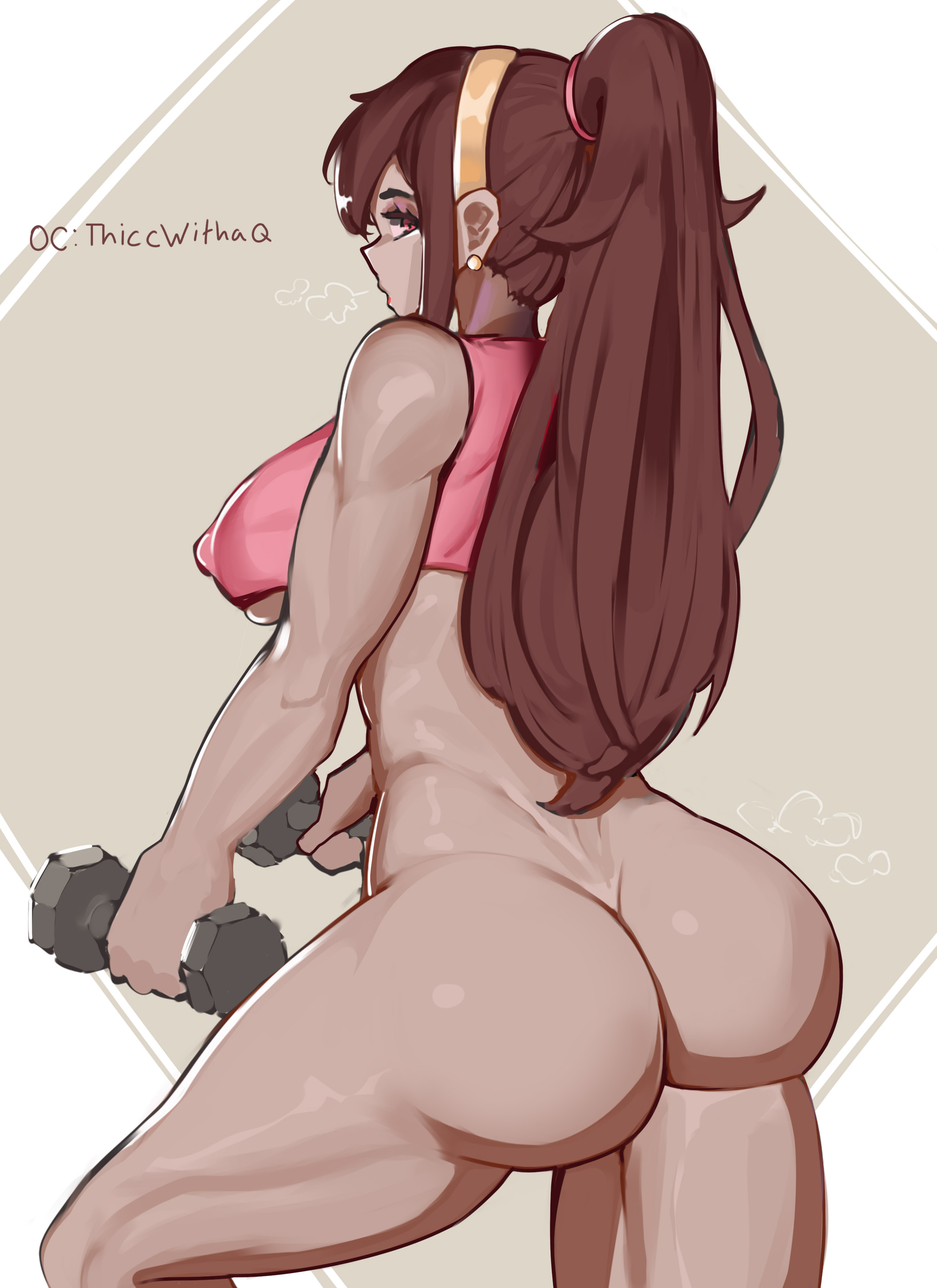 1girls, adore for, adore nice, ass, back view, borrowed character, bottomless, brown hair, bubble ass, crossover, dark skin, dark-skinned female, female, female only, hairband, high ponytail, long hair, looking at viewer, looking back, nipple bulge, original, partially nude, ponytail, red eyes, solo, solo female, toned, toned female, topwear, tsona (nyantcha), very high resolution, weightlifting, weights, workout