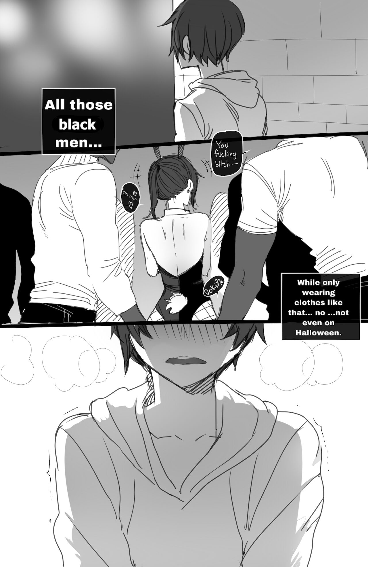 1girls, alex (ratatatat74), bunnysuit, dark skin, dark-skinned male, female, halloween, male, original, original character, ratatatat74, tattoo, tattoos
