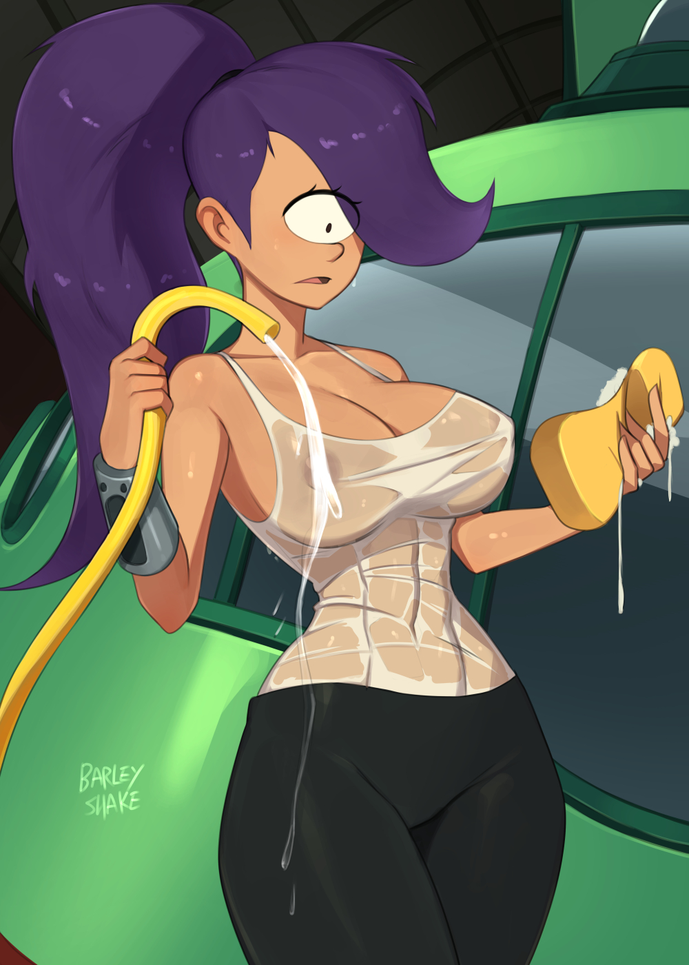 1_eye 1girls abs areola areolae armwear artist_name athletic_female bare_shoulders barleyshake big_breasts black_pants breasts cleavage clothed clothing curvaceous curvy cyclops digital_media_(artwork) eyelashes female female_only futurama hair hi_res highres holding holding_object hose indoors inside large_breasts light-skinned_female light_skin long_hair monster_girl open_mouth pants ponytail purple_hair see-through solo solo_female spaceship sponge standing tanned thick_thighs turanga_leela vehicle water watermark wet wet_clothes wide_hips