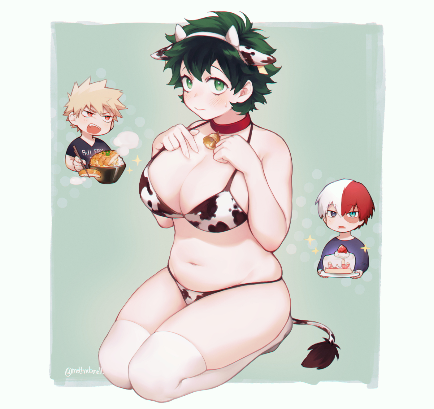 1girls, bell collar, big breasts, bikini, breasts, busty, collar, cosplay, costume, cow bell, cow bikini, cow ears, cow print, cow tail, female, female deku, food, green eyes, green hair, izuku midoriya, katsuki bakugou, large breasts, my hero academia, rule 63, short hair, shouto todoroki, spiky hair, stockings, thick, thighhighs