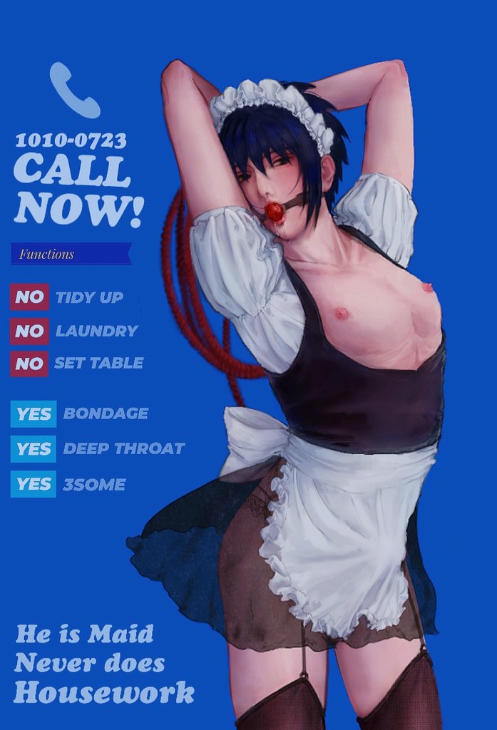 1boy, advertisement, apron, arms behind head, arms up, ball gag, black eyes, black legwear, black panties, blue hair, clothed, clothing, crossdressing, drool, drooling, english text, erect nipples, femboy, gag, gagged, hairband, legwear, light skin, light-skinned male, maid, maid apron, maid headdress, maid outfit, maid uniform, male, male only, mouth gag, naruto, naruto (series), naruto shippuden, nipples, nsislife, outfit, pale skin, pale-skinned male, panties, petite, pink nipples, pinup, realistic, revealing clothes, roleplay, saliva, saliva drip, saliva trail, sasuke uchiha, see-through, see-through clothing, shounen jump, sissy, skimpy, skimpy clothes, skimpy dress, solo, solo focus, solo male, stockings, text, uncensored, yaoi