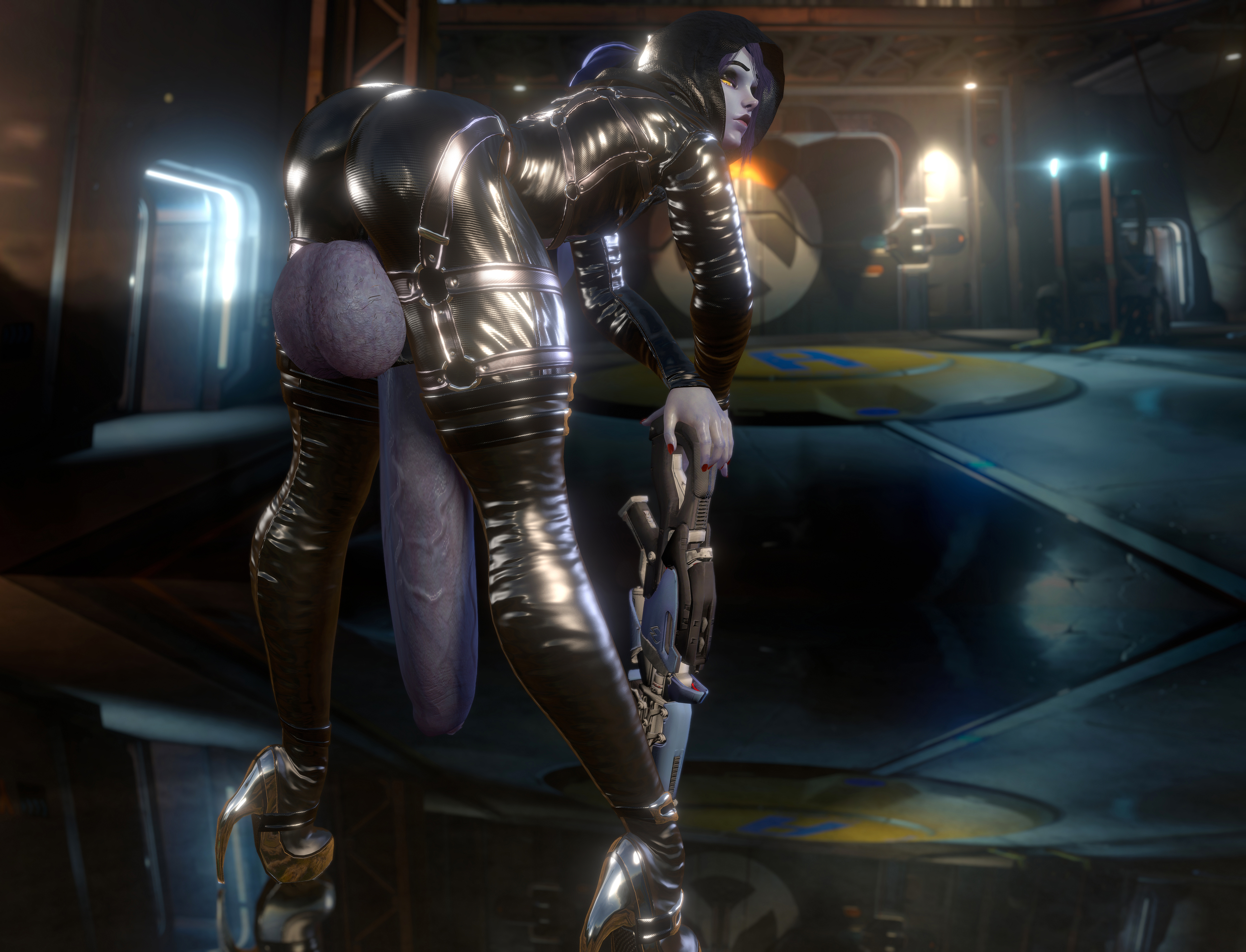 1futa, 3d, absurdres, ass, balls, bent over, blue hair, erection, futa only, futanari, highres, huge cock, huge penis, intersex, large balls, large testicles, long hair, looking back, mitrild-sfm, overwatch, penis, solo, source filmmaker, testicles, thick thighs, tight clothing, veiny penis, widowmaker