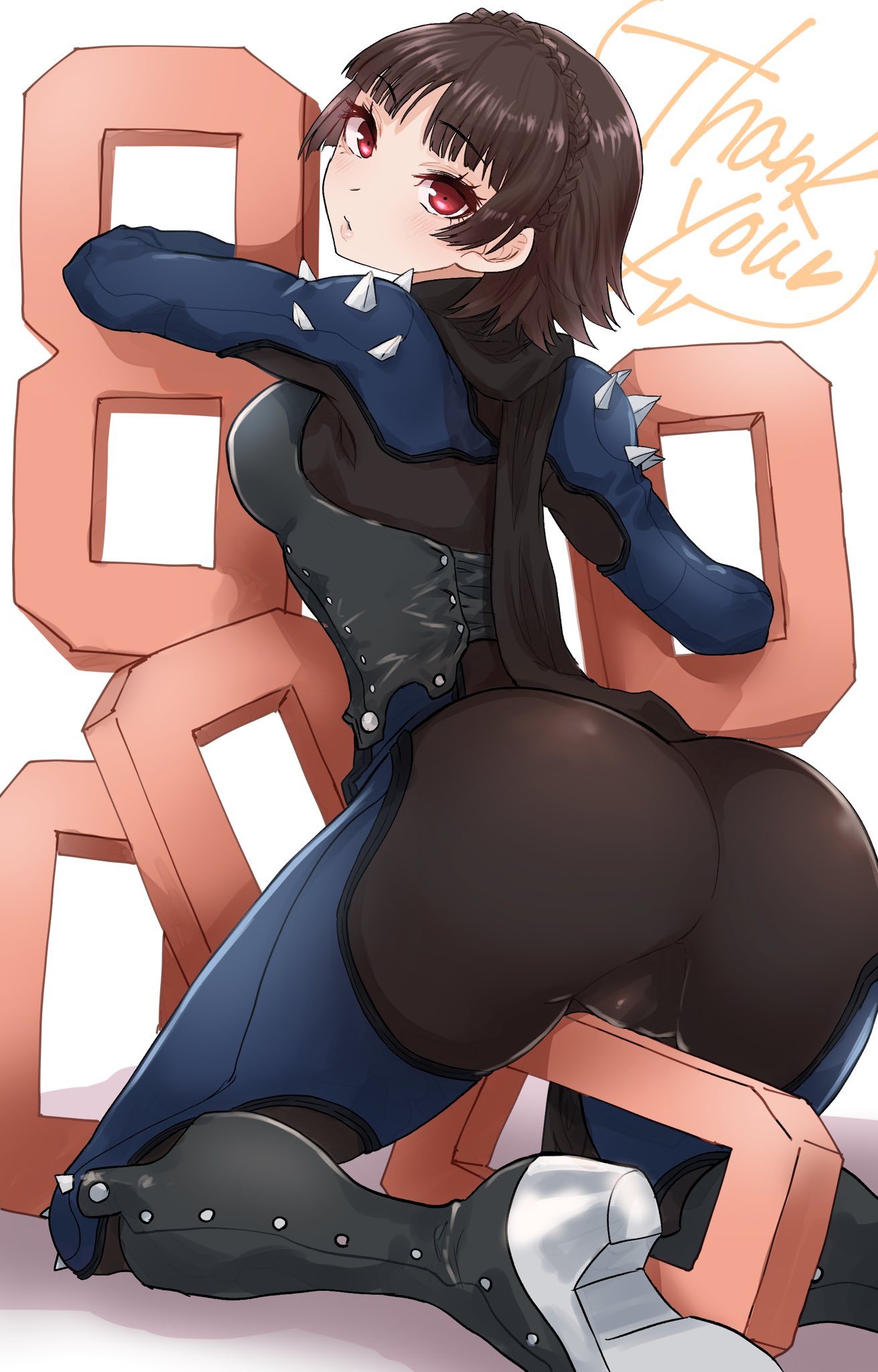 ass ass_focus atlus clothed clothing female follower_celebration human kurosususu makoto_niijima milestone_celebration motorcycle_suit numbers pale_skin persona persona_5 phantom_thief_suit red_eyes scarf short_hair sideboob solo tagme thank_you