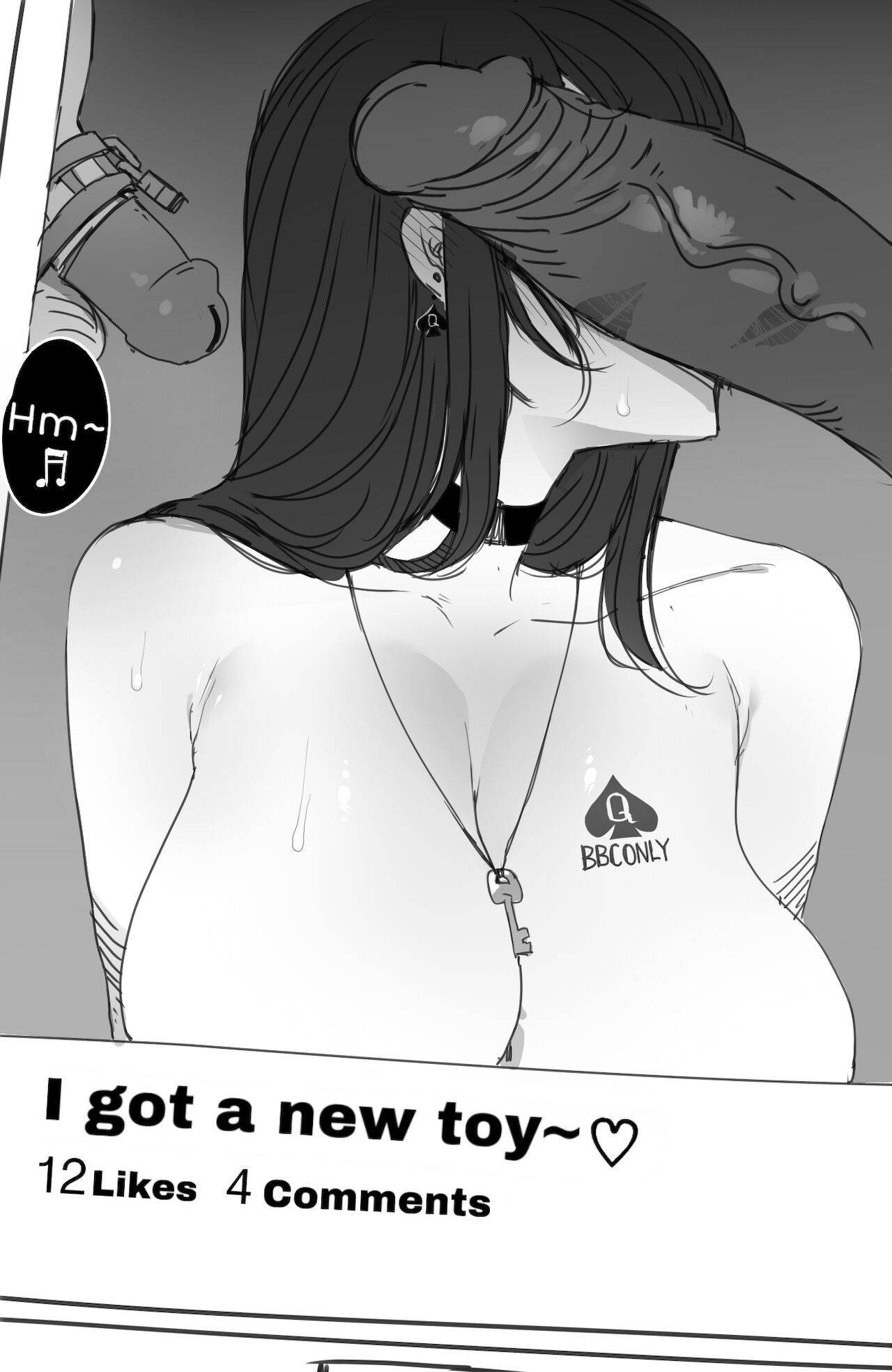 2d, 2d (artwork), 2d artwork, alex (ratatatat74), breast grab, breasts, bunnysuit, chastity, chastity cage, chastity device, cheating, cheating female, cheating girlfriend, cheating wife, cuckold, dark skin, dark-skinned male, fellatio, female, femsub, halloween, licking, long sleeves, male, male chastity, maledom, netorare, ntr, original, original character, penis, qos, queen of spade symbol, queen of spade tattoo, queen of spades, ratatatat74, small penis, small penis humiliation, sucking, sucking penis, tattoo, tattoos