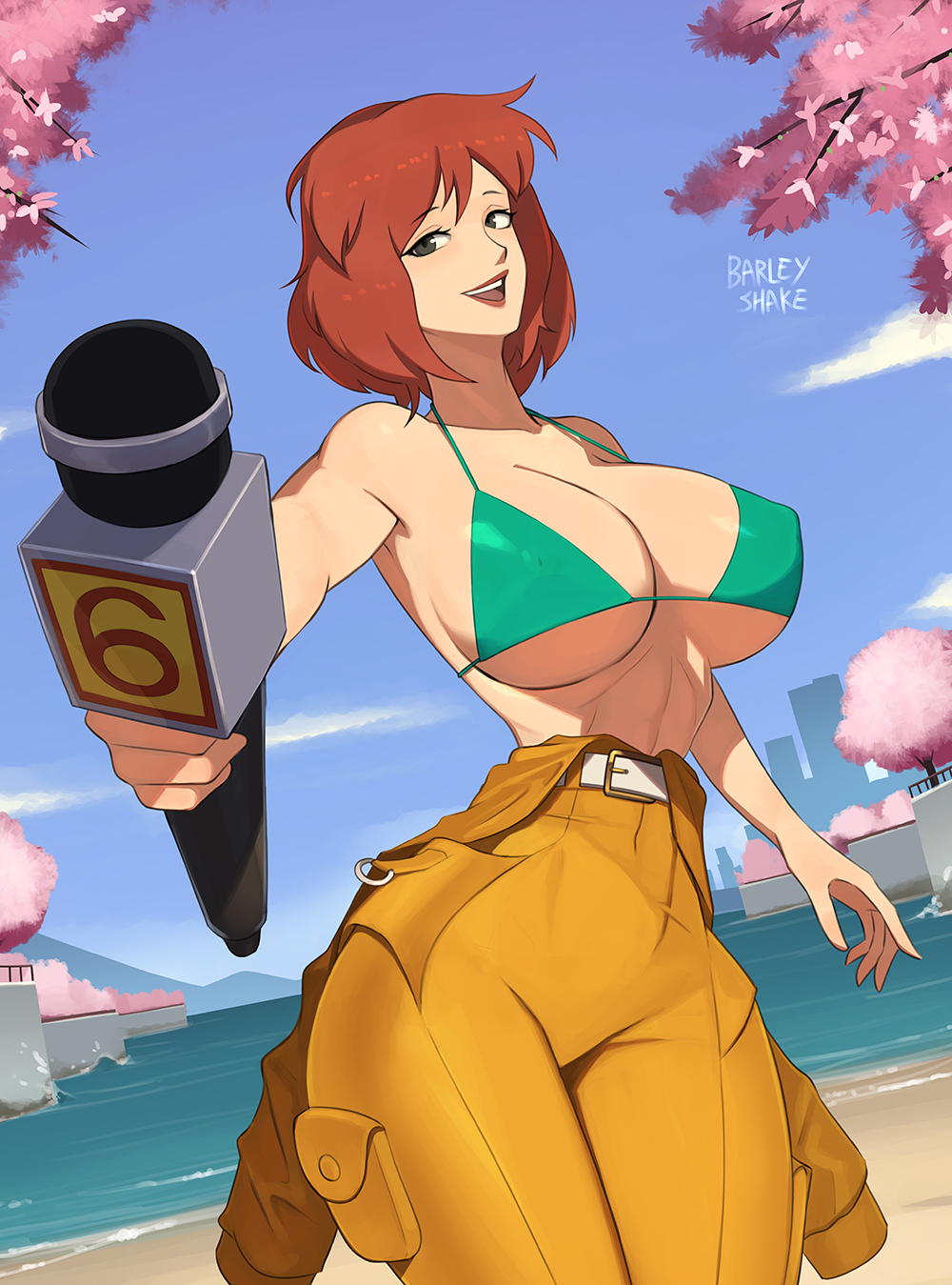 1girls april_o'neil april_o'neil_(tmnt_1987) armpit armpits artist_name bangs bare_shoulders barleyshake belt big_breasts bikini bikini_top bodysuit breasts brown_hair cbs_(broadcasting_company) cherry_blossoms cleavage clothed clothing day digital_media_(artwork) electronics eyelashes female female_only grey_eyes hair half-closed_eyes half-dressed hi_res highres holding_microphone holding_object huge_breasts human large_breasts light-skinned_female light_skin lipstick looking_at_viewer medium_hair microphone nipple_bulge nipple_outline ocean open_mouth open_smile outdoors outerwear outside pale_skin red_lipstick sand sky solo solo_female standing string_bikini swimwear teenage_mutant_ninja_turtles teeth thick_thighs tongue tree trees water watermark wide_hips