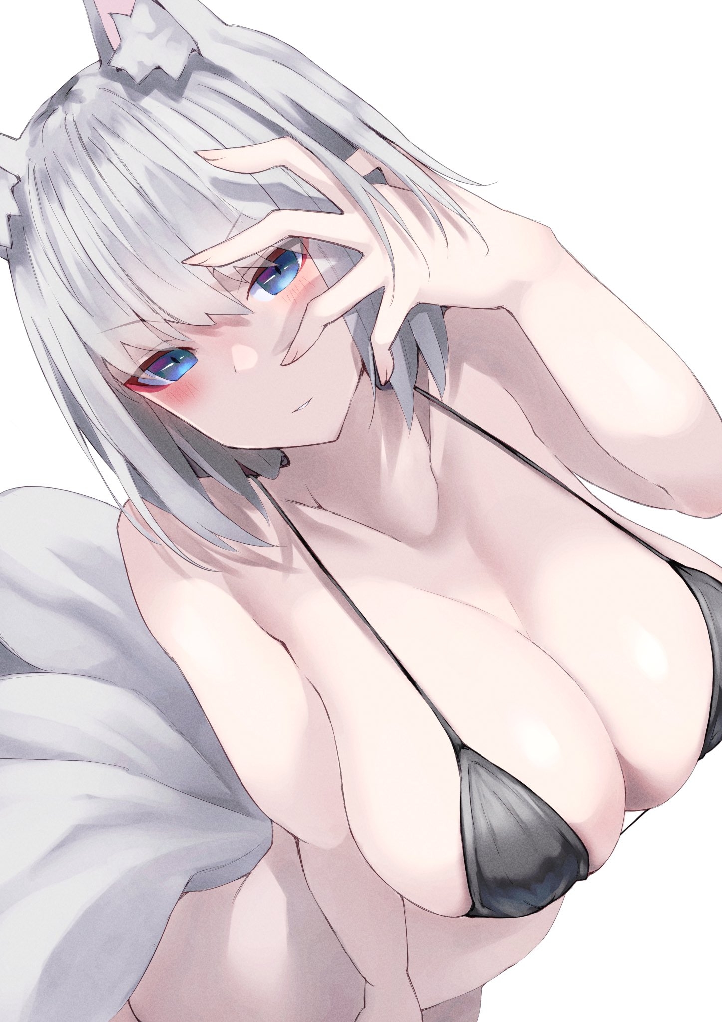 alexi oekaki, animal ear fluff, animal ears, azur lane, bikini, black bikini, blue eyes, breasts, cleavage, eyebrows visible through hair, female, fox ears, fox tail, grey hair, hand on own face, highres, kaga (azur lane), large breasts, looking at viewer, micro bikini, multi tail, simple background, swimsuit, tail, tails, white background