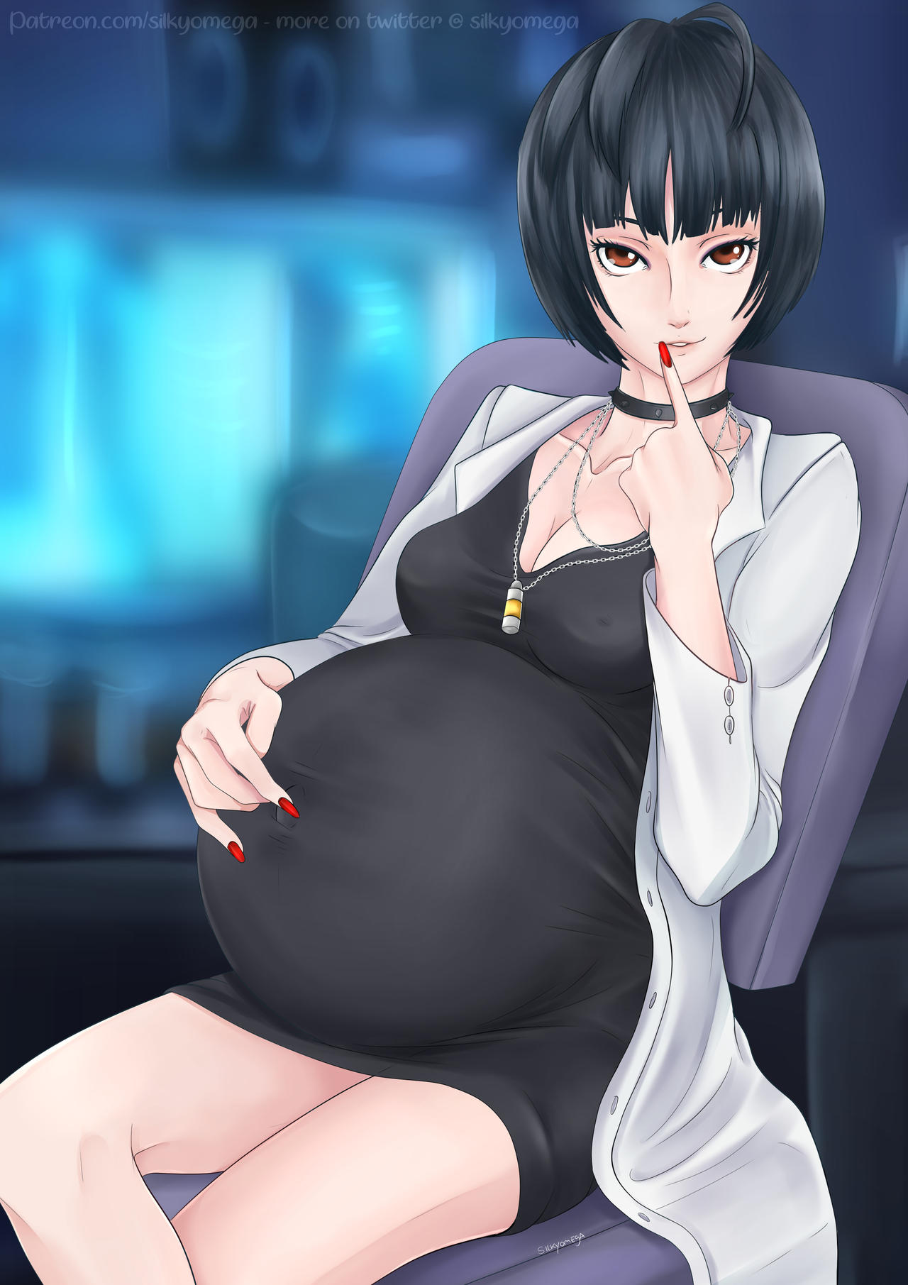 1girls belly big_belly blue_hair breasts brown_eyes cleavage collar female female_only goth hand_on_belly necklace nipple_bulge persona persona_5 pregnant silkyomega solo_female tae_takemi