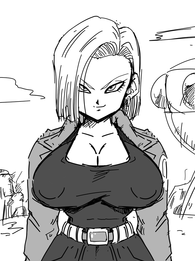 1girls, android 18, belt, breasts, busty, cleavage, dragon ball, dragon ball super, dragon ball z, earrings, female, female only, fully clothed, jewelry, large breasts, monochrome, nipple bulge, nipples visible through clothing, rickert kai, short hair, shounen jump, slim waist, smile, solo, solo female