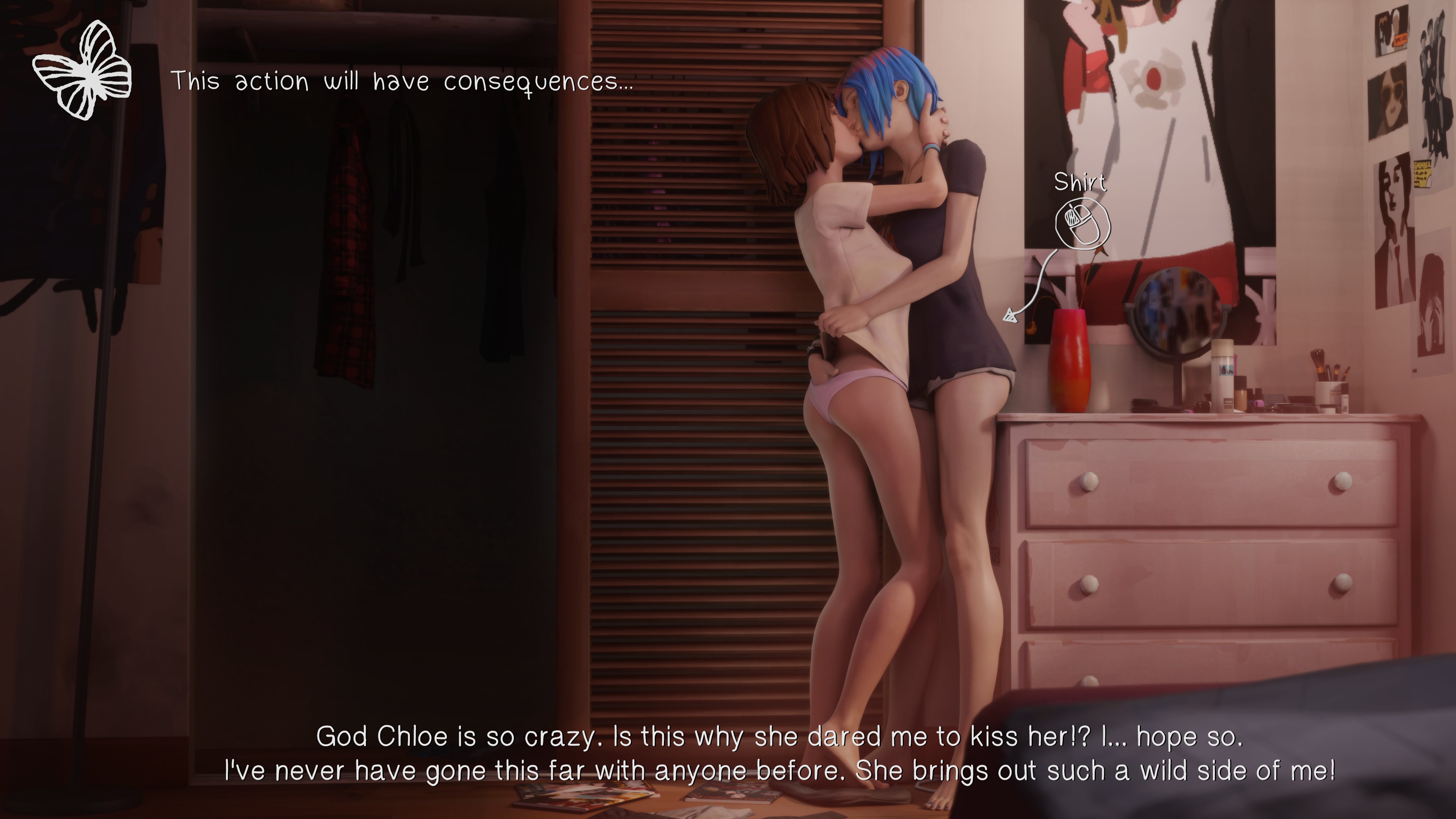 2girls, 3d, 4k, absurdres, ass, ass grab, bedroom, blender, chloe price, chloe's bedroom, dinoboy555, female, female only, highres, human, kissing, life is strange, max caulfield, pale skin, panties, underwear, yuri