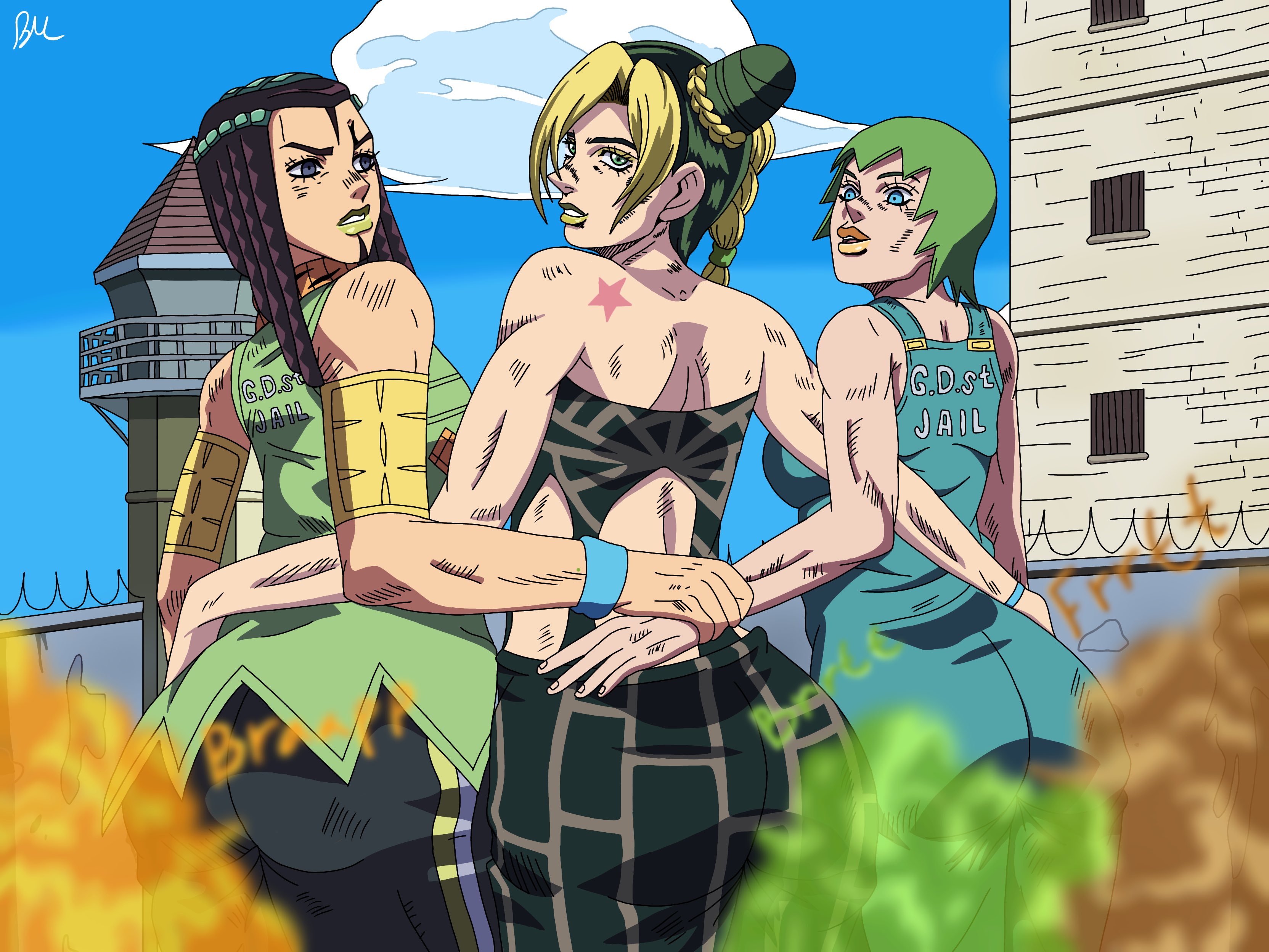 3girls, ass, beanermane, ermes costello, fart, fart cloud, fart fetish, farting, female, foo fighters, jojo's bizarre adventure, jolyne kujo, latina, stone ocean
