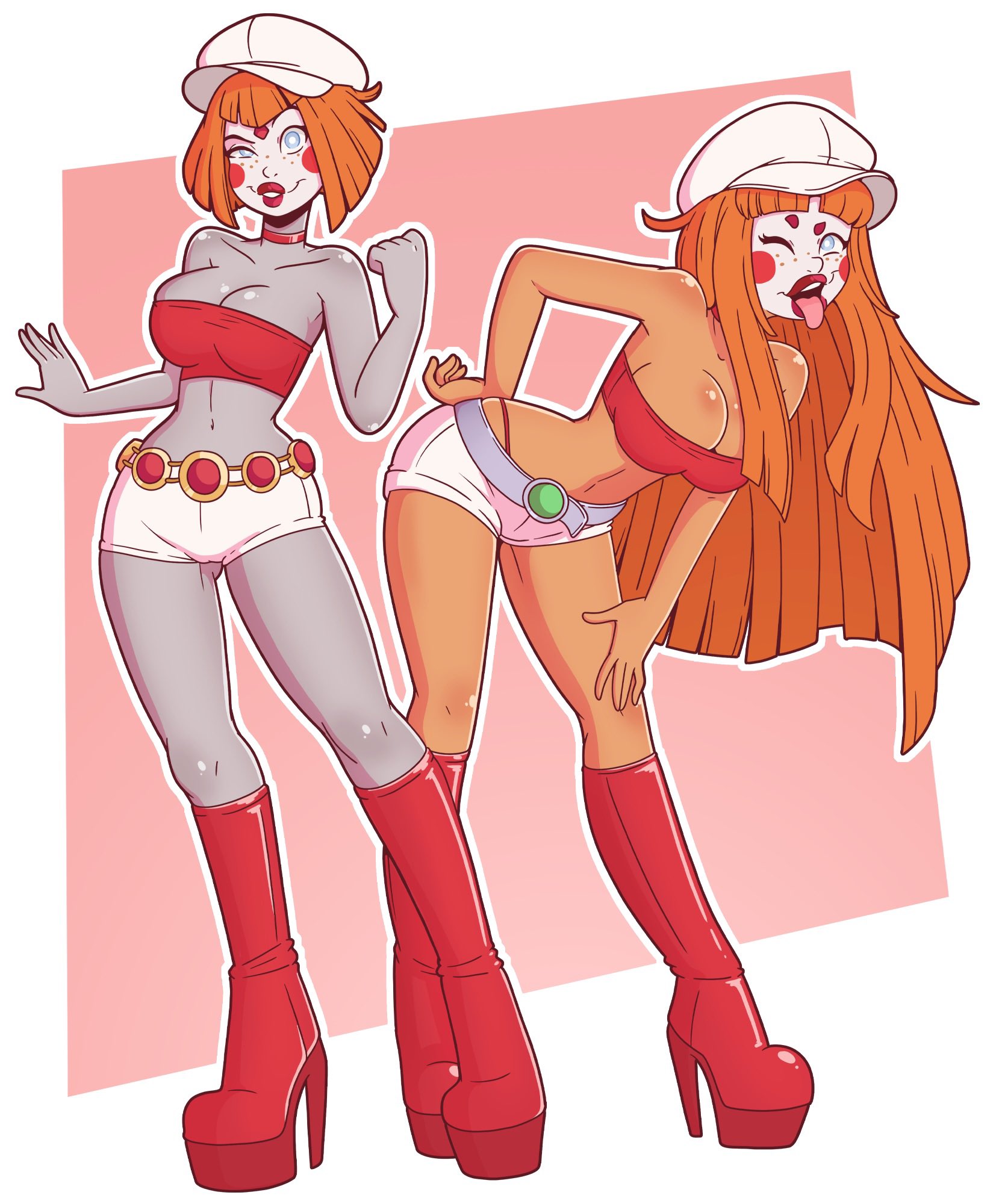 2girls, ahe gao, alternate color, alternate costume, alternate hairstyle, ass, athletic, athletic female, bare arms, bare midriff, bare shoulders, batman (series), batman beyond: return of the joker, belt, bent over, big ass, big breasts, big butt, bimbo, bimbofication, blue eyes, bob cut, boots, bottomwear, breasts, busty, cameltoe, cap, cheek markings, choker, clothed, clothed female, clothes, clothing, clown, clown girl, clown makeup, cosplay, crop top, curvaceous, curvy, curvy female, curvy figure, dc, dc comics, dcau, dee dees (cosplay), duo, exposed shoulders, eyebrows raised, female, female only, fit, fit female, footwear, freckles, freckles on face, front view, full body, g-string, ginger, glistening, glistening body, grey body, grey skin, hand on hip, hand on leg, hand on thigh, hat, headgear, headwear, hi res, high heel boots, high heels, hourglass figure, human, koriand'r, leaning forward, light skin, light-skinned female, lipstick, long hair, looking at viewer, makeup, mascara, midriff, multiple females, multiple girls, narrowed eyes, navel, no bra, one eye closed, open mouth, orange hair, outline, pale skin, pale-skinned female, panties, partially nude, pink background, platform heels, plump lips, pose, posing, presenting, pussy, pussy visible through clothes, rachel roth, raised eyebrows, raven (dc), raven (teen titans), red cheeks, red lipstick, revealing clothes, rosy cheeks, seductive, seductive eyes, seductive look, seductive pose, seductive smile, shiny breasts, shiny clothes, shiny skin, short hair, short shorts, shorts, showing off, side view, sisters, skimpy, skimpy clothes, skin tight, skindentation, slim waist, smooth skin, starfire, starfire (teen titans), tan body, tan skin, tanned, tanned skin, teen titans, teeth, teeth showing, thick lips, thick thighs, thong, thong panties, tight clothing, tight fit, tongue, tongue out, topwear, very high heels, voluptuous, voluptuous female, white background, white border, white headwear, wide hips, wink, winking at viewer, wrenzephyr2
