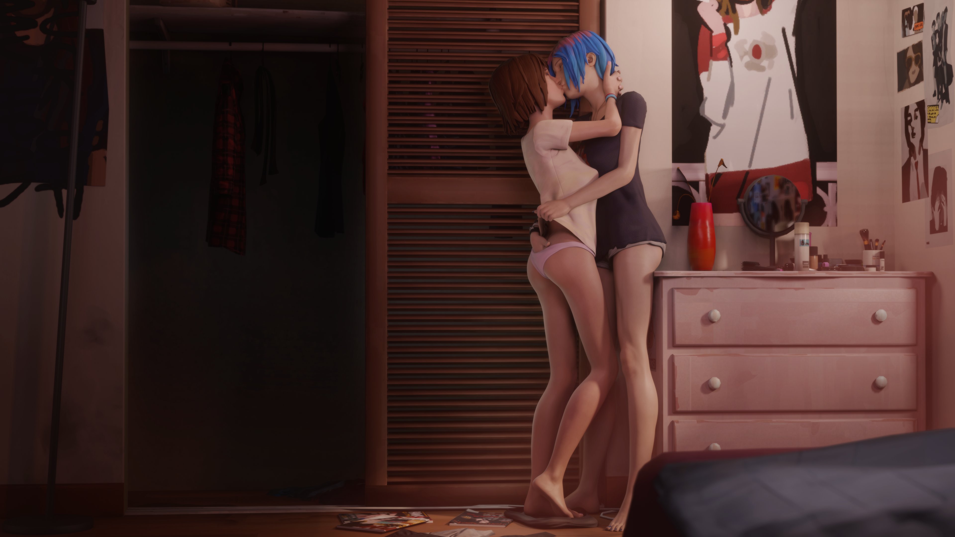 2girls, 3d, 4k, absurdres, ass, ass grab, bedroom, blender, chloe price, chloe's bedroom, dinoboy555, female, female only, highres, kissing, life is strange, max caulfield, panties, underwear, yuri