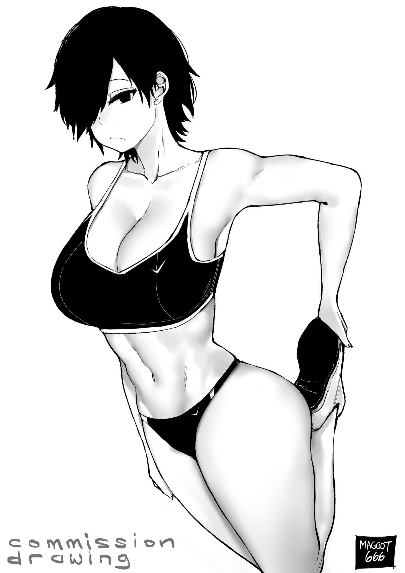 1girls, female, female focus, madoka (terasu mc), monochrome, norman maggot, original character, solo focus, sports bra, sportswear, terasu mc