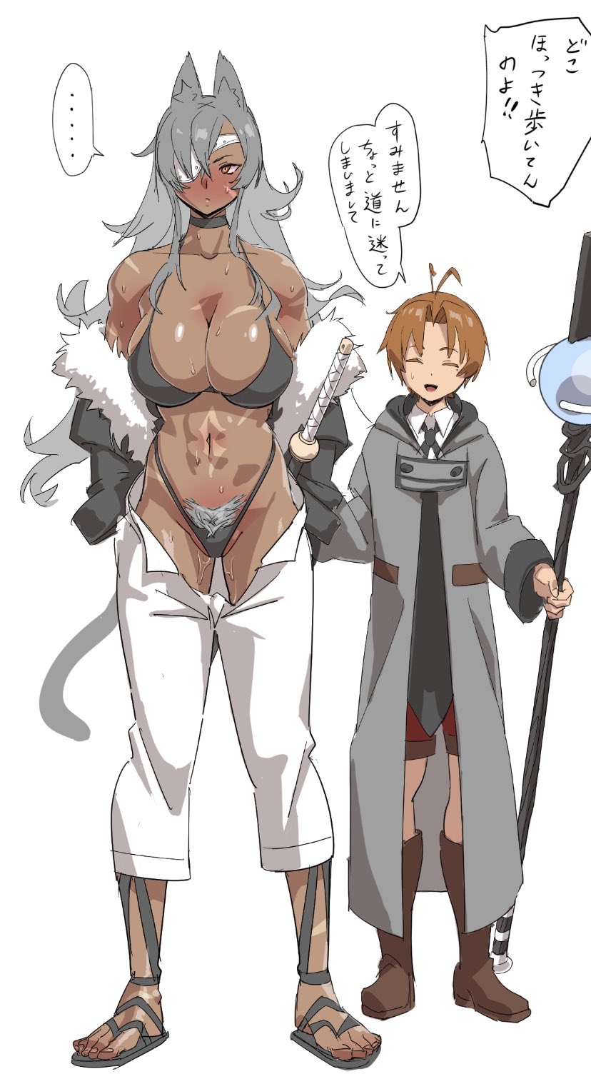 1boy 1girls abs after_sex age_difference ahoge animal_ears bare_shoulders blush breasts bricc brown_hair choker cleavage dark-skinned_female dark_skin eyepatch female female_pubic_hair full_body fur_trim ghislaine_dedoldia hair_between_eyes hairy_pussy hairy_vagina height_difference highres large_breasts larger_female light-skinned_male light_skin long_hair mature_female muscular muscular_female mushoku_tensei navel older_female older_female_and_younger_boy pubic_hair pubic_hair_peek pussy_juice red_eyes rudeus_greyrat scar scar_on_stomach short_hair shorter_male size_difference smaller_male staff sweat sword tail tall_female taller_girl translation_request velzhe weapon white_background white_hair young younger_male