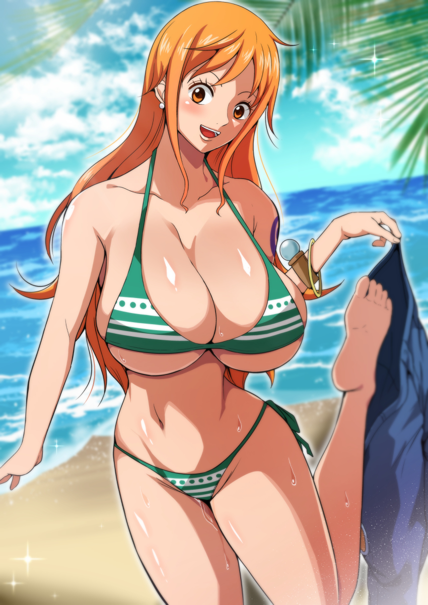 1girls beach big_ass big_breasts bikini brown_eyes feet female female_only jewelry long_hair nami ocean one_piece orange_hair qdoujin slim_waist smile striped_bikini sweat sweatdrop swimsuit tattoo