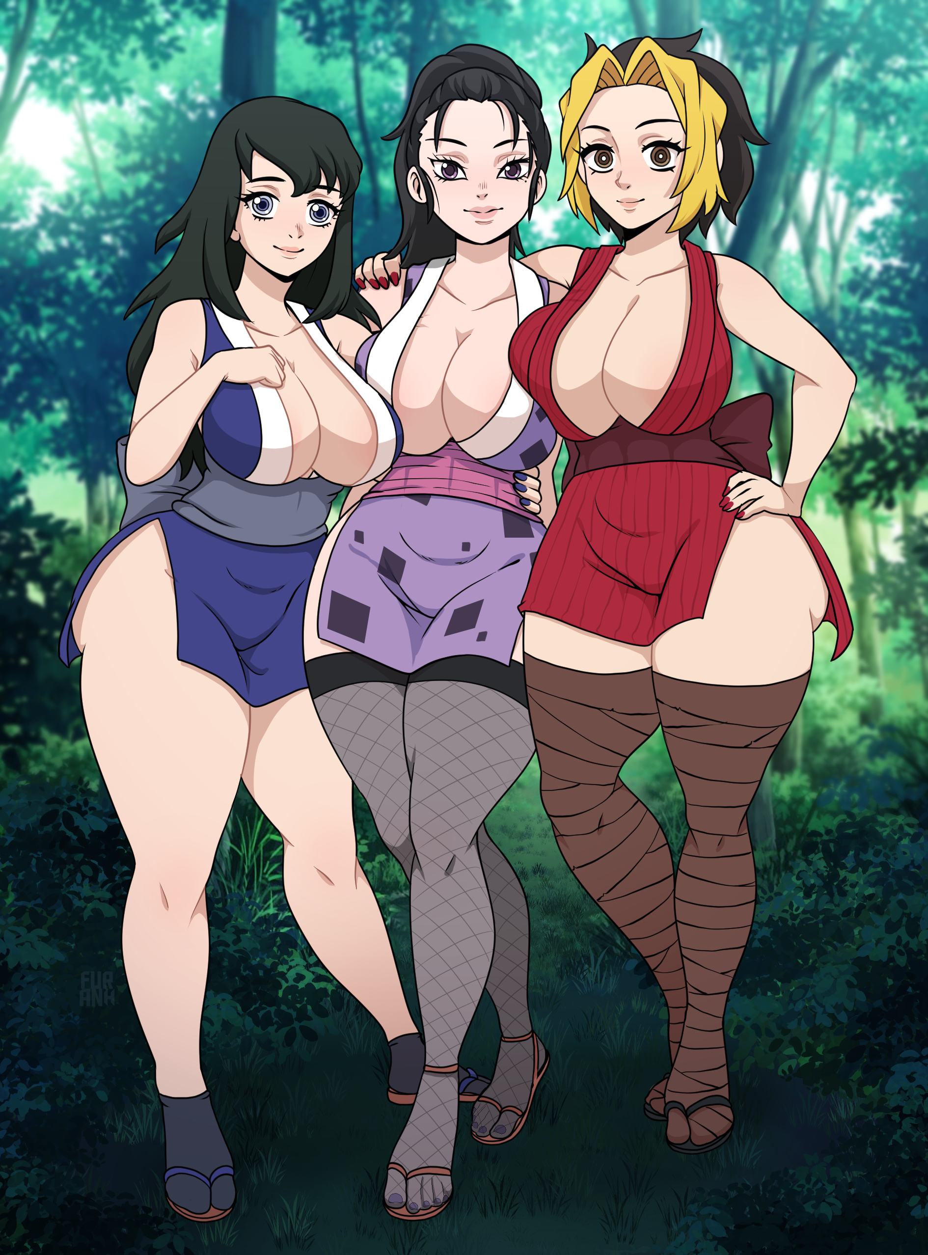 3girls, big breasts, black hair, black-haired female, blonde hair, blonde-haired female, breast squish, breasts, cleavage, curvaceous, curvy, demon slayer, eye contact, female, female only, fishnet legwear, fishnet thighhighs, full body, furanh, hand on hip, hinatsuru (kimetsu no yaiba), hourglass figure, huge breasts, japanese clothes, kimetsu no yaiba, kunoichi, legwear, long hair, looking at viewer, makio (kimetsu no yaiba), mole under eye, nail polish, obi, pear shaped, pear shaped female, pelvic curtain, ponytail, red nails, sheer legwear, side slit, smile, standing, suma (kimetsu no yaiba), tabi, the wives (kimetsu no yaiba), thick thighs, thighhighs, thighs, two-tone hair, voluptuous, voluptuous female, wide hips