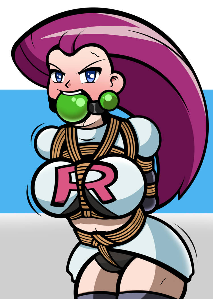 1girls angry ball_gag big_ball_gag big_breasts bondage bound drooling female female_only gag gagged green_ball_gag jessie_(pokemon) pokemon rope_bondage solo tied_up zalder-sm