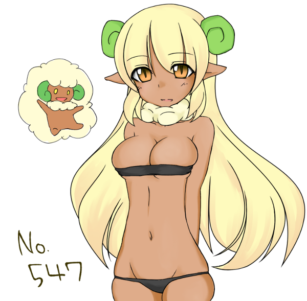 anthro arms_behind_back bad_id bare_shoulders blonde_hair breasts cleavage cosplay dark-skinned_female dark_skin hands_behind_back horns humanized_pokemon long_hair moemon navel nintendo open_mouth orange_eyes panties pointy_ears pokemon pokemon_(cosplay) pokemon_bw solo tight_clothes underwear whimsicott whimsicott_(cosplay) white_background