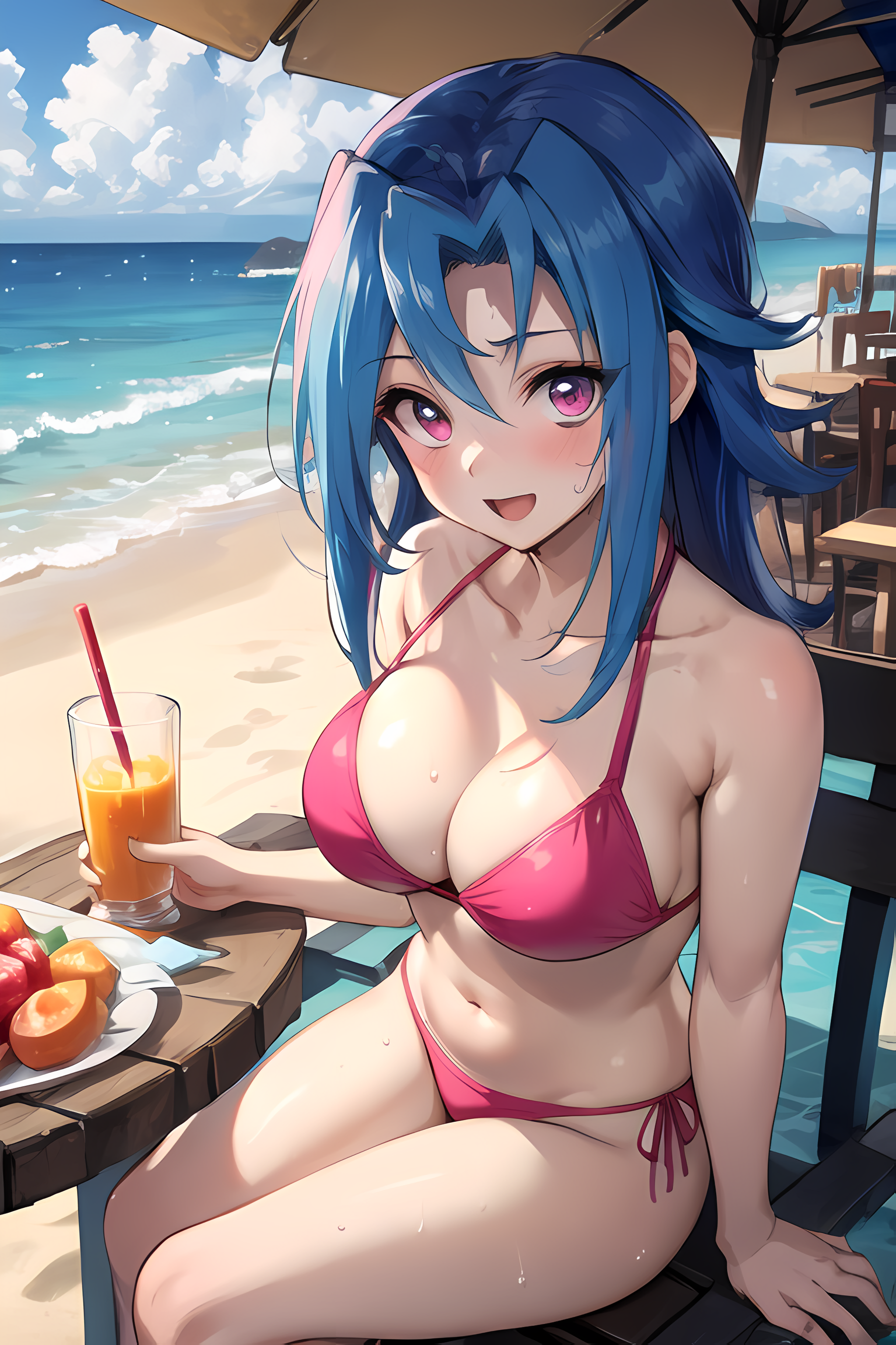 ai (artist), ai generated, bikini, blue hair, breasts, female, female only, hi res, huge breasts, kamishiro rio, long hair, looking at viewer, navel, red eyes, rio kamishiro, smile, solo, summer, thick legs, yu-gi-oh!, yu-gi-oh! zexal