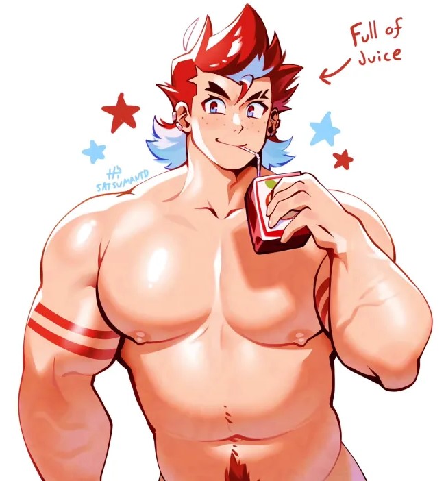 apple apple_juice bara biceps big_chest daichi_(sachuman) gay happy_trail huge_chest huge_pecs juice_box male male_only muscular muscular_male oc red_hair sachuman star tattoo two_toned_hair