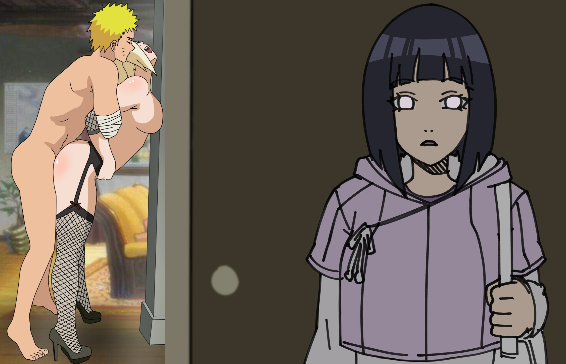 1boy, 2girls, against wall, arm grab, armwear, bandaged arm, bandages, big breasts, blonde hair, blue hair, boruto: naruto next generations, breasts, caught, caught in the act, cheating, cheating husband, cheating wife, closed eyes, clothing, cuckquean, duo, duo focus, elbow pads, female, female penetrated, fishnet armwear, fishnet legwear, fishnet stockings, footwear, garter belt, garter straps, hair over one eye, heels, hiding, high heels, human, husband and wife, hyuuga hinata, imminent creampie, imminent impregnation, indoors, ino yamanaka, legwear, light skin, light-skinned female, lingerie, living room, long hair, looking pleasured, male, male penetrating, male penetrating female, male with female, male/female, medium breasts, moaning, moaning in pleasure, multiple females, multiple girls, naked footwear, naked heels, naked stockings, naked with shoes on, naruto, naruto (series), netorare, netori, no bra, no panties, no underwear, ntr, nude, open mouth, pleasure face, ponytail, sex, shiny, shiny hair, shiny skin, short hair, side view, sideboob, standing, standing sex, stockings, straight, tied hair, tiptoes, uzumaki hinata, uzumaki naruto, whisker markings, whiskers, yamanaka ino, yellow hair