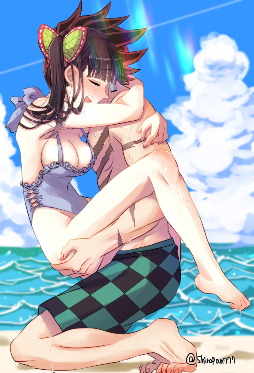 1boy, 1girls, black hair, black-haired female, breasts, cum, cum inside, demon slayer, female, holding, kamado tanjirou, kimetsu no yaiba, red hair, red-haired male, rough sex, swimsuit, tsuyuri kanao