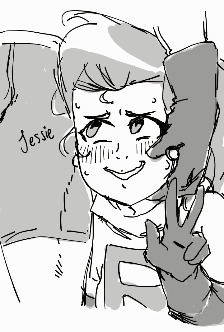blush, blushing profusely, embarrassed, fakeryway, female, hand on head, jessie (pokemon), long hair, male, monochrome, peace sign, pleasure castle, pokemon, pokemon (anime), team rocket, underwear, unseen male