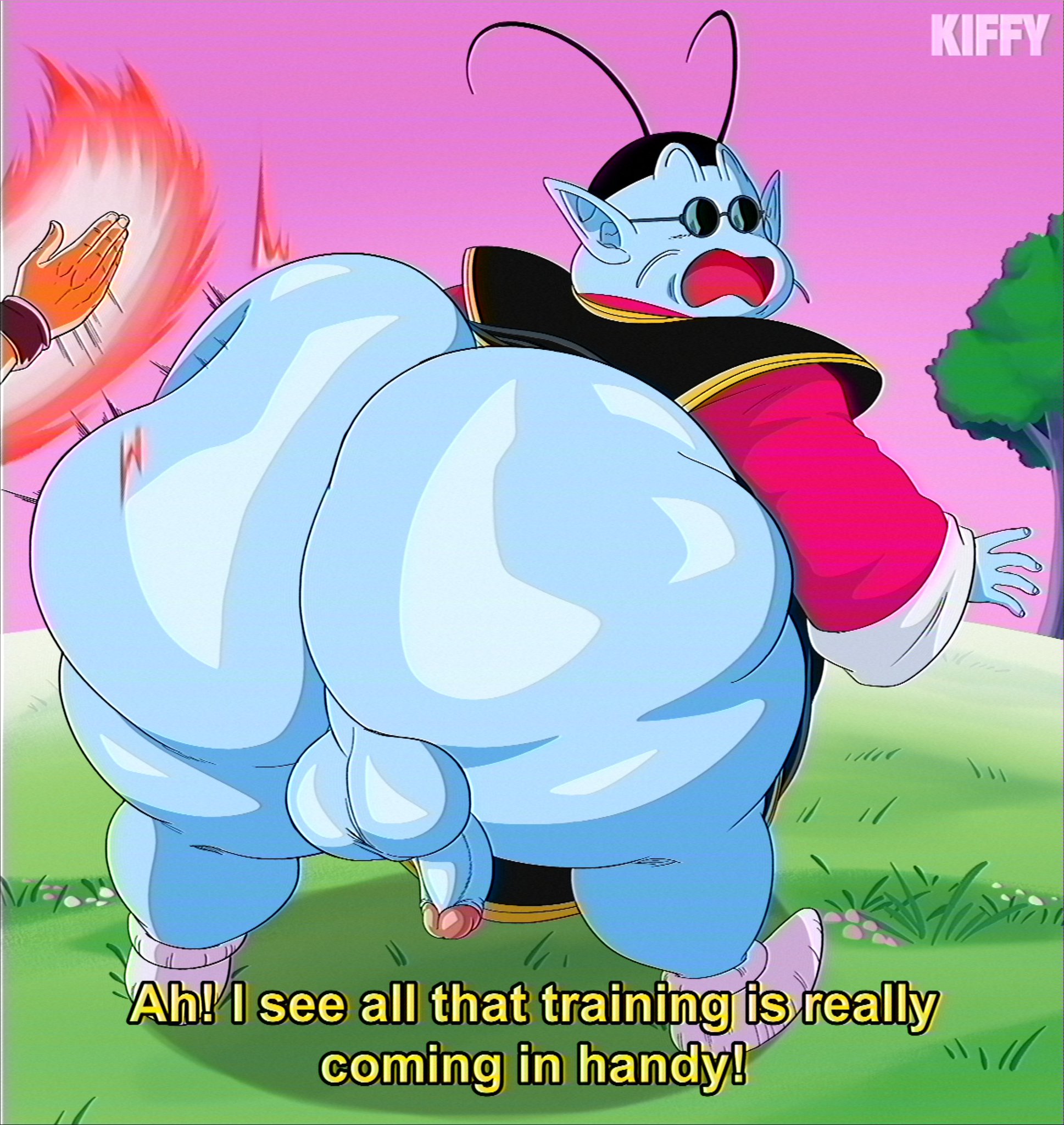 ass, ass focus, big ass, big butt, dragon ball, fat ass, femboy, gay, jiggling ass, kiffy (artist), king kai, male, toony