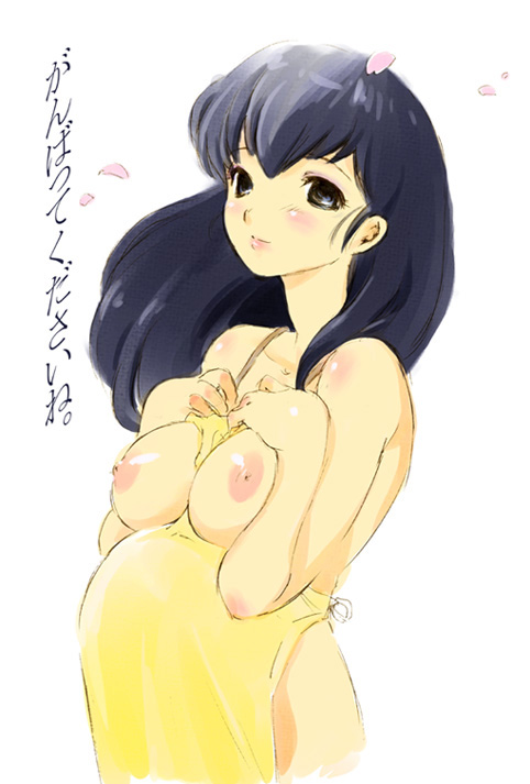 1girls apron blue_hair blush breasts curvaceous female human ichi_(capsule29) kyoko_otonashi large_breasts light-skinned_female light_skin long_hair looking_at_viewer maison_ikkoku naked_apron nipples petals pregnant solo translated translation_request