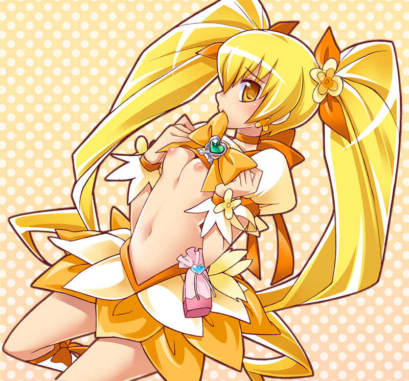 1girls blonde_hair bow clothing cure_sunshine dress female flat_chest heartcatch_precure! heartcatch_pretty_cure! itsuki_myoudouin katsuma_rei magical_girl midriff mouth_hold myoudouin_itsuki navel nipples orange_dress polka_dot_background precure pretty_cure shirt shirt_lift skirt small_breasts solo tied_hair twintails very_long_hair wristband yellow_background yellow_eyes