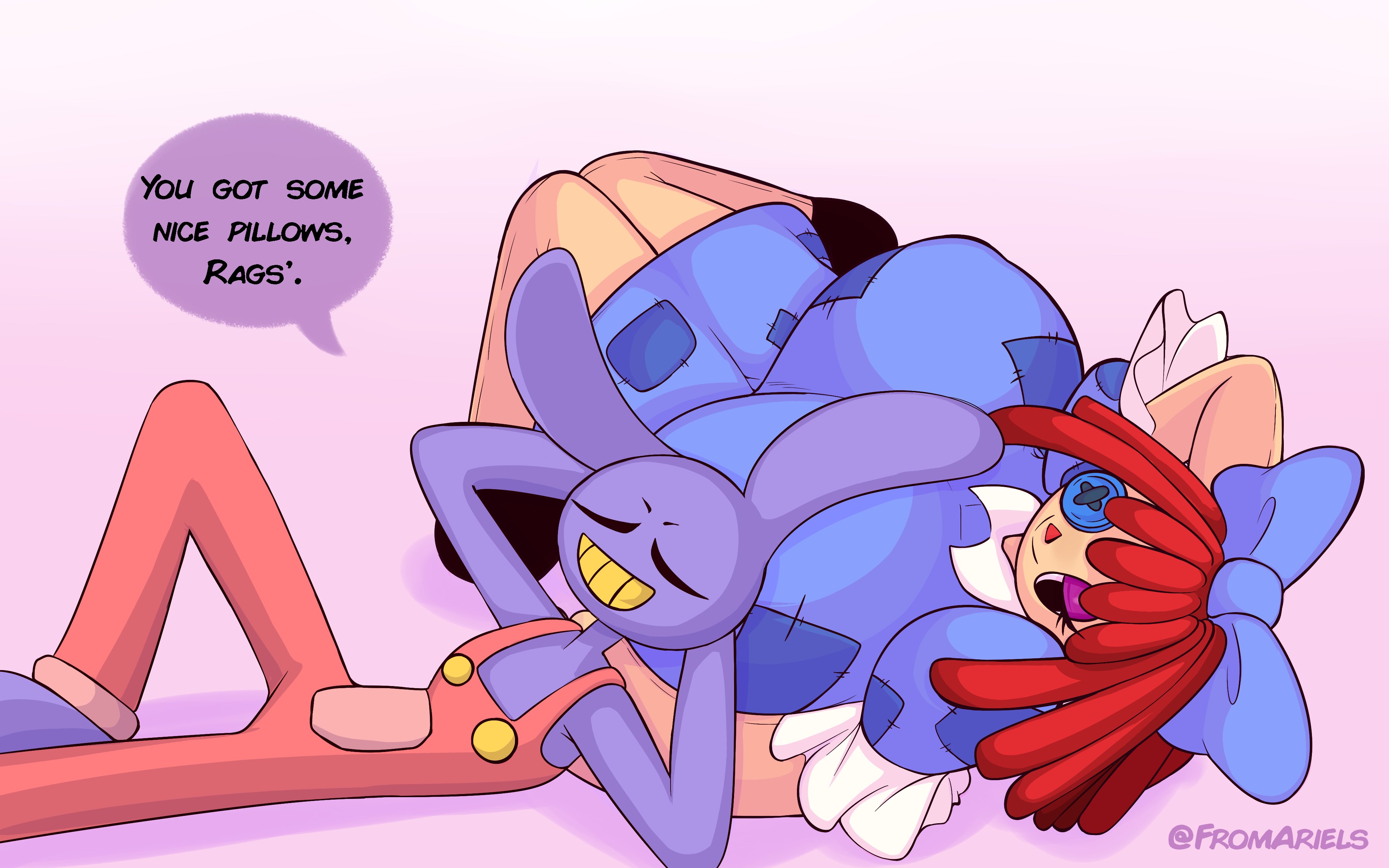 1boy, 1girls, anthro, background, big breasts, breasts, button eyes, closed eyes, clothed, clothing, doll, duo, eyebrows, eyelashes, eyes, female, fromariels, furry, furry with non-furry, glitch productions, hair, hi res, highres, huge breasts, humanoid, interspecies, jax (the amazing digital circus), laying down, light skin, light-skinned female, lying, male, male/female, no sex, on back, overalls, purple skin, rabbit, ragatha, ragatha (the amazing digital circus), red hair, simple background, smile, straight, suggestive, tagme, teeth, text, the amazing digital circus, white background, yellow teeth