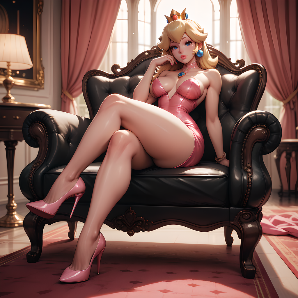 1:1, 1girls, ai generated, alluring, armchair, ass, big ass, big breasts, blonde hair, blue eyes, breasts, cleavage, eogard orc, facing viewer, fair skin, female, high heels, looking at viewer, mario (series), nail polish, nintendo, pink dress, pink lips, pink nails, princess peach, seductive, self upload, sitting, stable diffusion