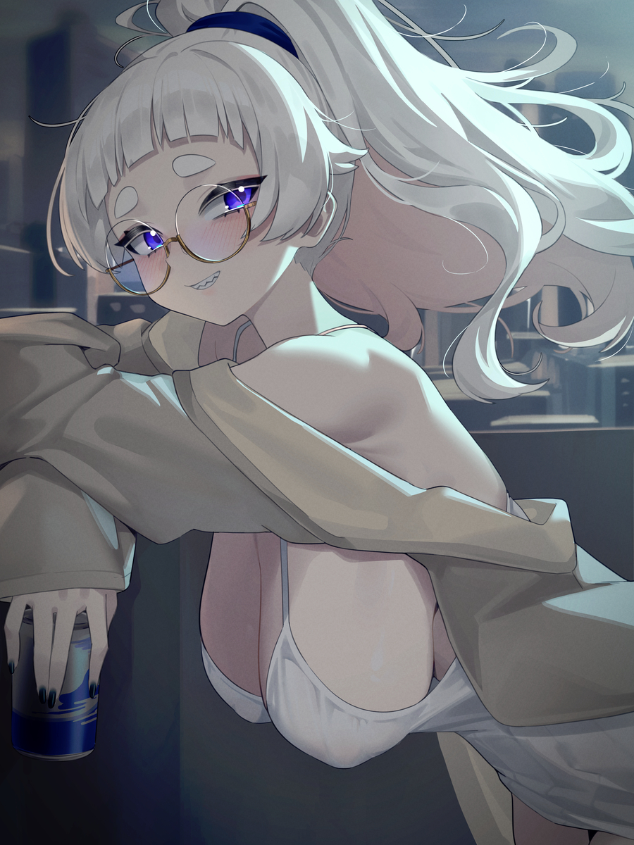1girls, beer, breasts, female, female focus, female only, huge breasts, light skin, light-skinned female, meg (wakamepiza), thick eyebrows, wakamepiza, white hair
