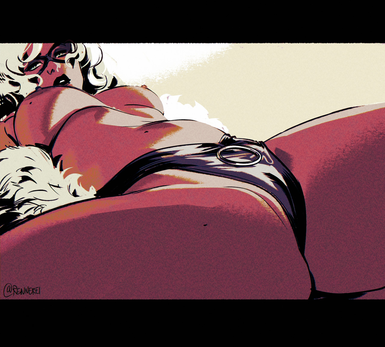 1girls, 2026, big breasts, black cat (marvel), black lipstick, camel toe, cameltoe, color, colored, felicia hardy, female, female only, latex panties, laying on back, legs apart, legs spread, light-skinned female, lipstick, long hair, low-angle view, marvel, marvel comics, mask, masked female, mole on breast, mole on stomach, mole on thigh, on back, panties only, rhabarberei, simple background, solo, solo female, spider-man (series), thick thighs, topless, topless female, white hair