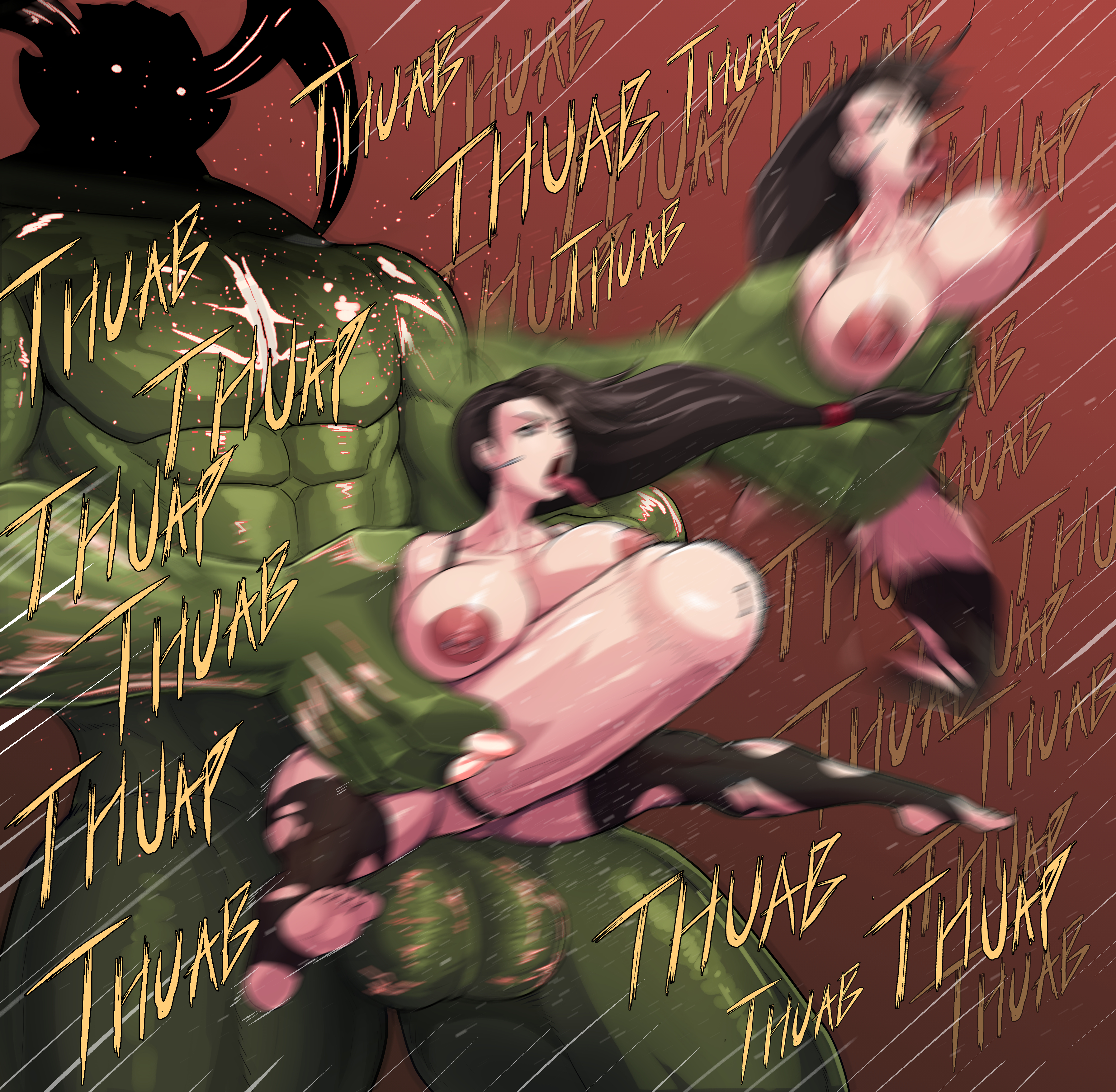 1boy, 1girls, female, final fantasy, final fantasy vii, impossible fit, kingbang, male, penis, penis shaped bulge, ryona, stomach, tagme, text, tifa lockhart, tits