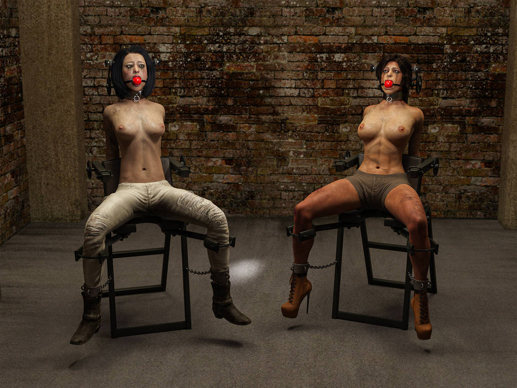 2girls 3d arms_behind_back ball_gag bondage bound bound_legs brown_hair chair_bondage cirilover1 gag gagged lara_croft lara_croft_(survivor) samantha_nishimura tomb_raider tomb_raider_(survivor) topless topless_female