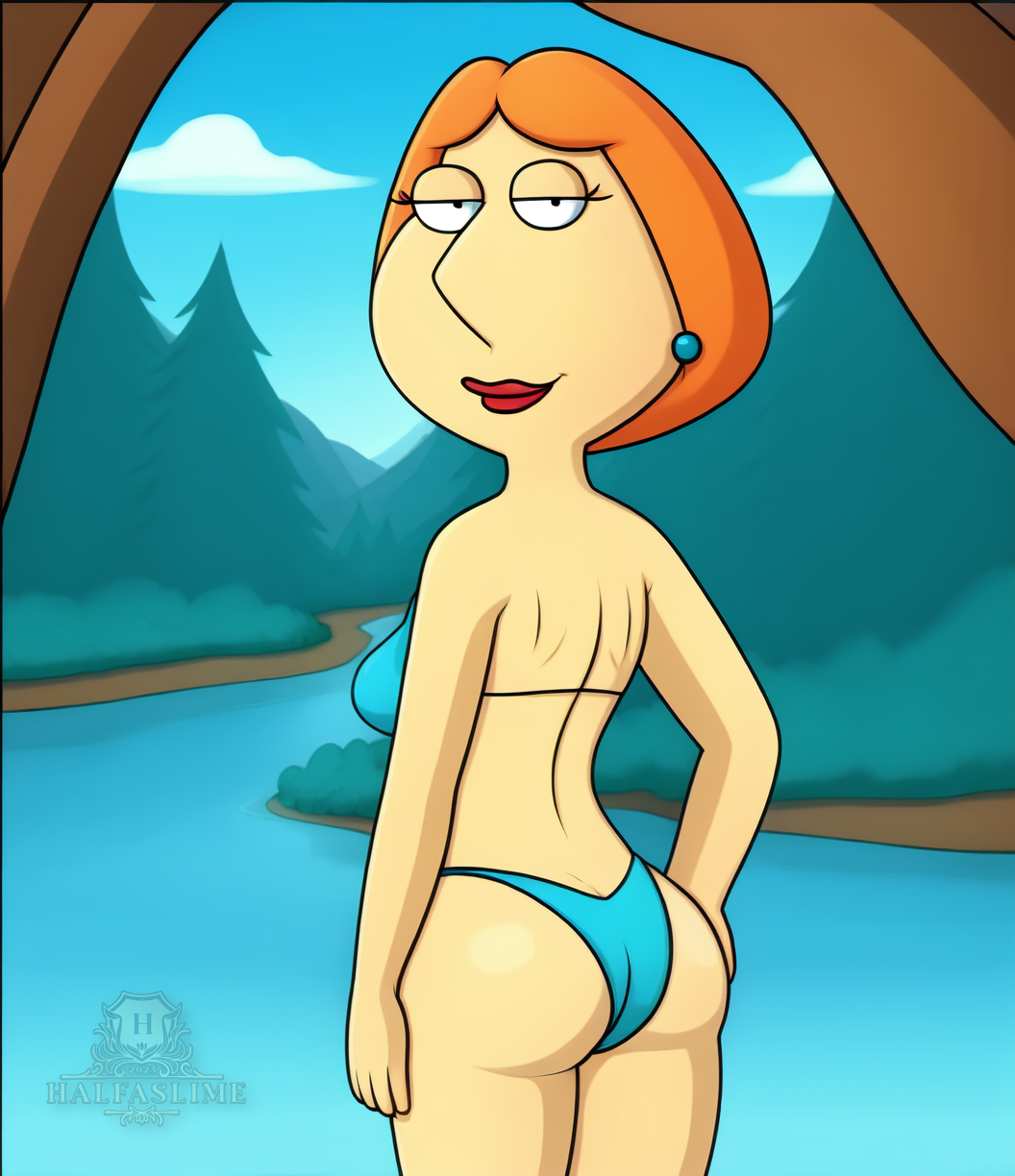 1girls 1milf ai_generated ass bikini blue_bikini breasts family_guy female halfaslime hand_on_hip light_blue_bikini lois_griffin looking_back looking_back_at_viewer milf non_nude orange_hair rear_view river seductive seductive_look sideboob smile solo