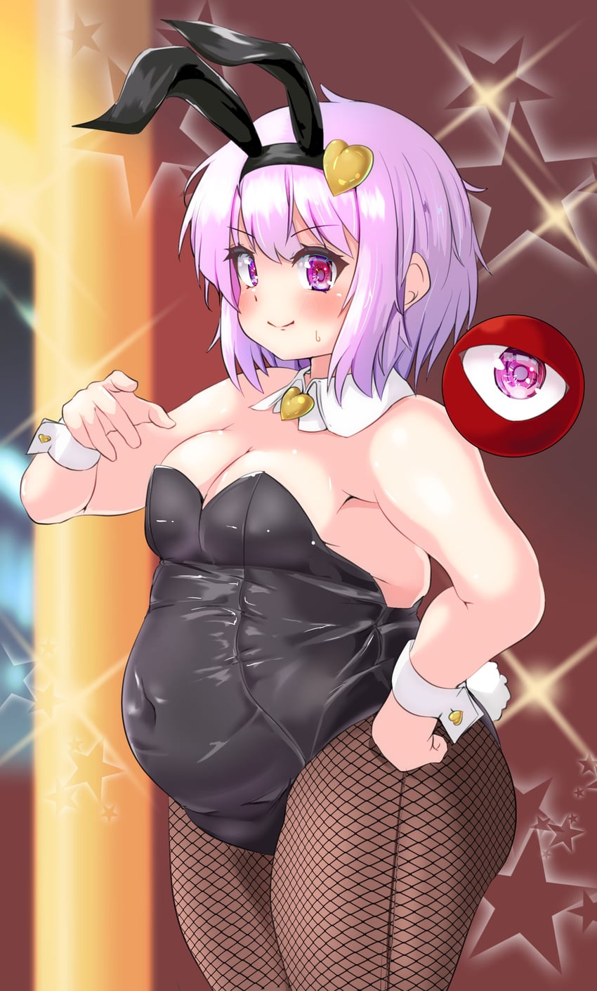 bbw, belly overhang, big belly, big female, blush, bunny ears, bunny girl, bunny tail, bunnysuit, chubby, chubby female, embarrassed, fat, fat female, fat fetish, fatty, female, giantess, heart, large female, mini giantess, overweight, overweight female, pantyhose, pink hair, plump, pork chop, satori komeiji, thick thighs, touhou, tubby, weight gain