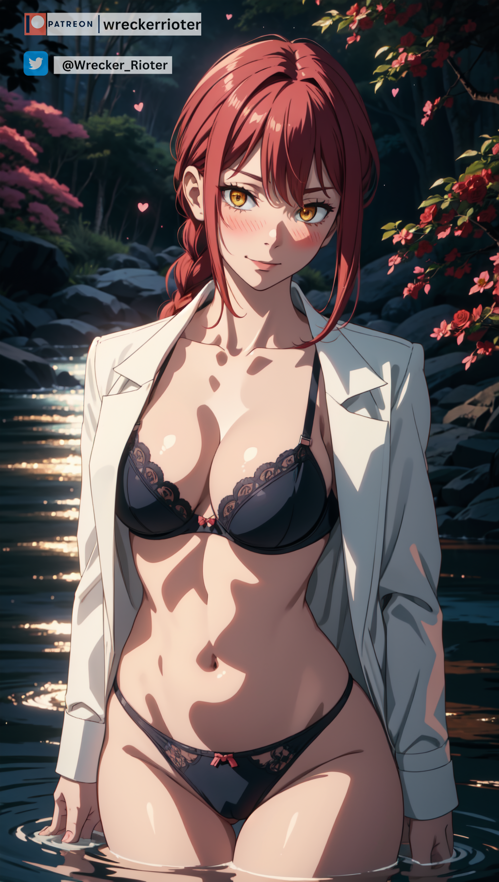 ai generated, blush, breasts, breasts squeezed together, chainsaw man, female, female focus, female only, lingerie, looking at viewer, makima (chainsaw man), shirt, stable diffusion, wrecker rioter