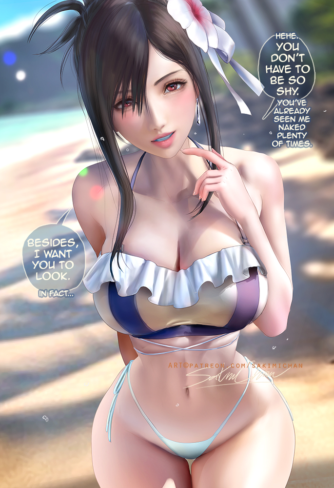 1girls, ass, big ass, big breasts, breasts, bust, busty, chest, curvaceous, curvy, curvy figure, dark hair, digital media (artwork), female, female focus, final fantasy, final fantasy vii, final fantasy vii rebirth, final fantasy vii remake, hips, hourglass figure, huge ass, huge breasts, human, large ass, large breasts, legs, light skin, light-skinned female, mature, mature female, red eyes, sakimichan, square enix, swimsuit, thick, thick hips, thick legs, thick thighs, thighs, tifa lockhart, tifa lockhart (shining spirit), voluptuous, waist, wide hips
