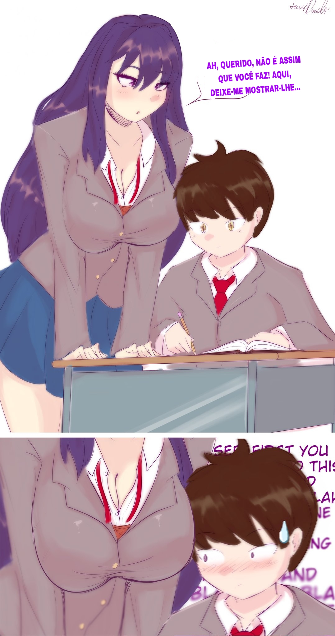 big breasts, breasts, comic, doki doki literature club, female, inconvenient breasts, lewddoodler, mc (doki doki literature club!), portuguese text, purple hair, school uniform, staring, staring at breasts, straight, tagme, text, yuri (doki doki literature club)