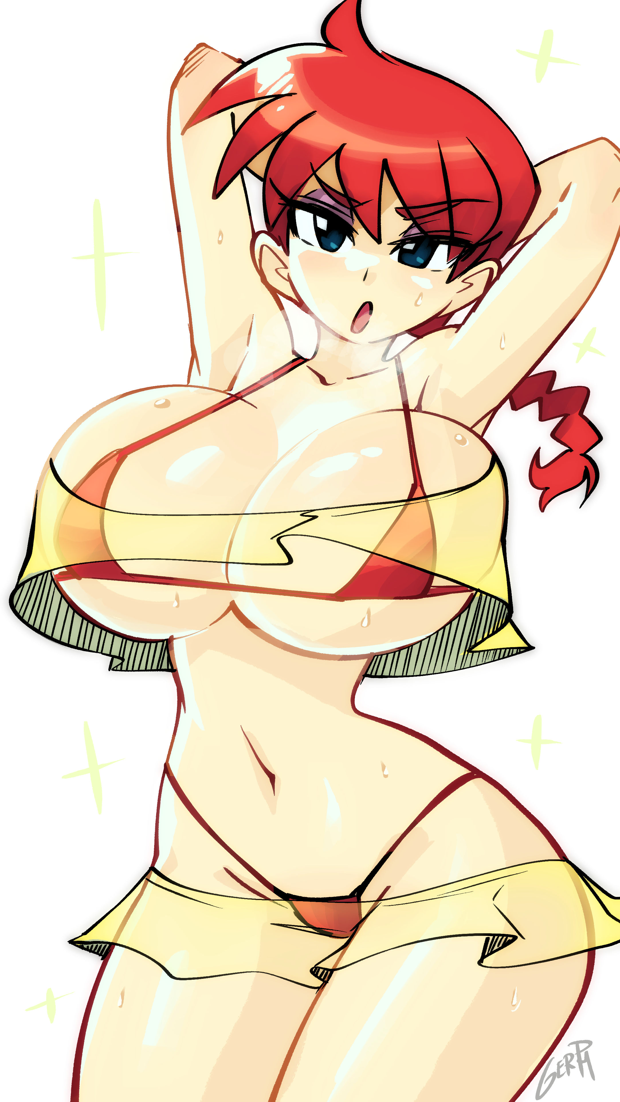 1girls, absurd res, blue eyes, breasts, clothing, female, female only, gerph, hi res, large breasts, looking at viewer, ranma 1/2, ranma saotome, ranma-chan, red hair, see-through, see-through clothing, solo, swimsuit, thick thighs, thighs, thin waist, white background, wide hips