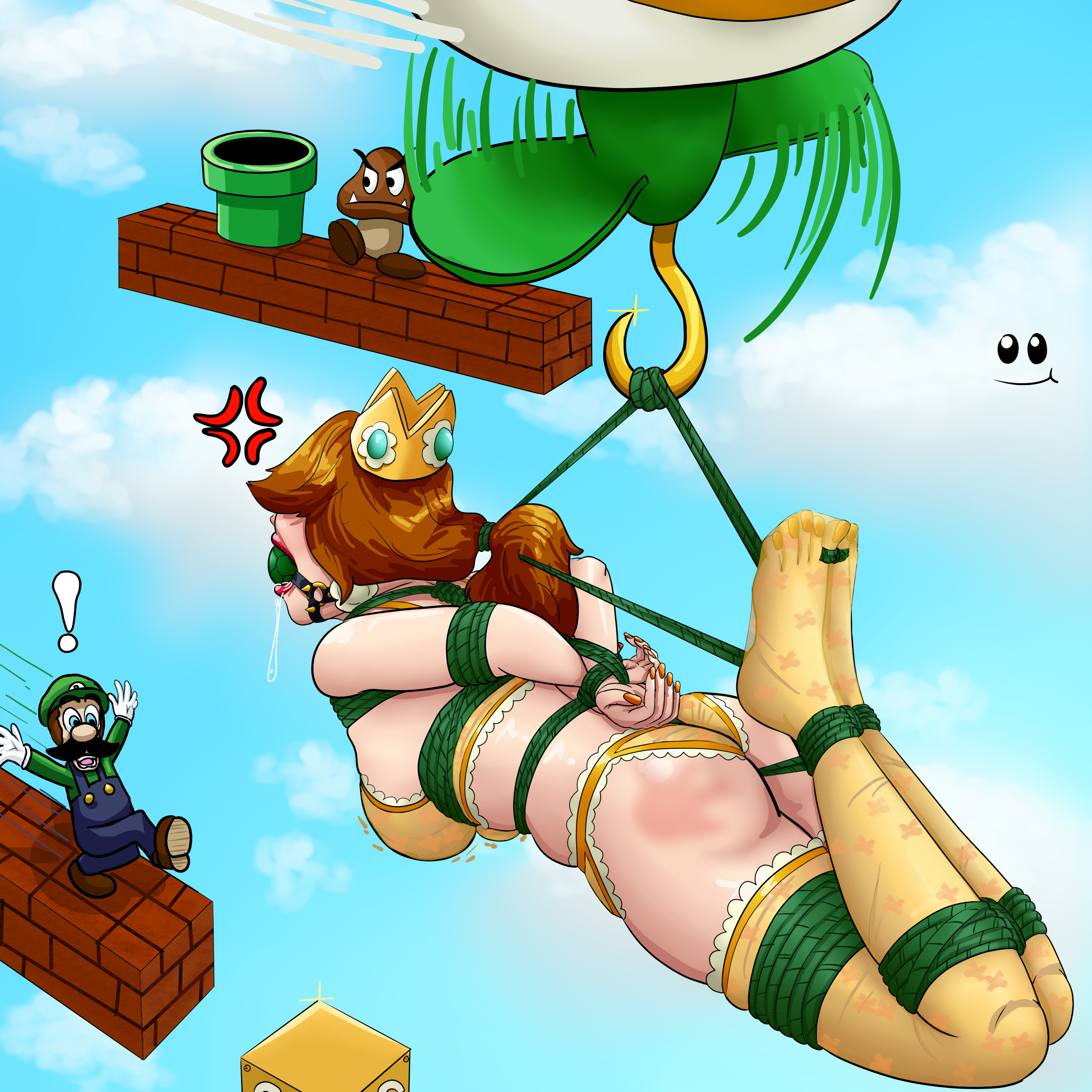 1boy, 1girls, abducted, ball gag, bondage, bound, bound ankles, bound arms, bound hair, bound legs, bound toes, bound wrists, bra, brown hair, crown, drool, drooling, female, femsub, gag, gagged, hair bondage, hogtie, lipstick, luigi, makeup, mario (series), meowitzher, nail polish, nintendo, painted fingernails, painted nails, painted toenails, panties, png, princess daisy, rope, skindentation, stockings, super mario bros., thighhighs, underwear