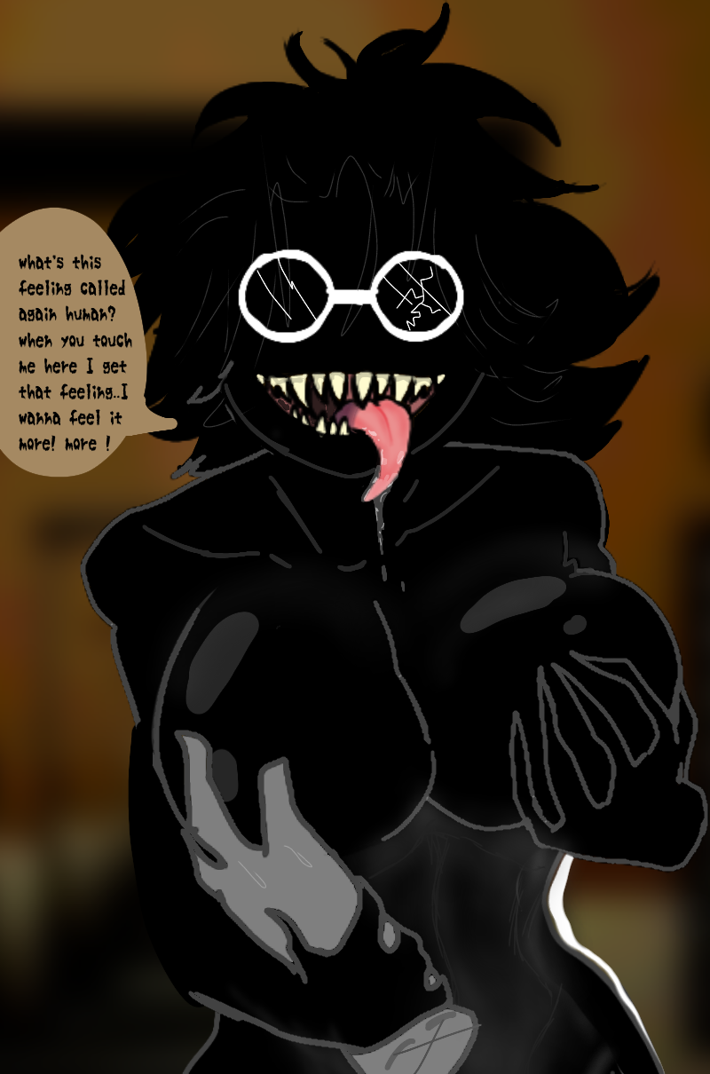 big_breasts bive_(regretevator) black_fur black_skin boob_grab curvy_female fanart glasses monster_girl pov_hands regretevator sharp_teeth tongue_out urlocalnoobb