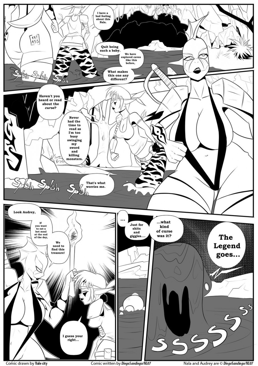 2girls alien_girl ass breasts_bigger_than_head comic dialogue diegosandiego multiple_girls nala_(diegosandiego) page_1 tagme v_string_bikini vale-city