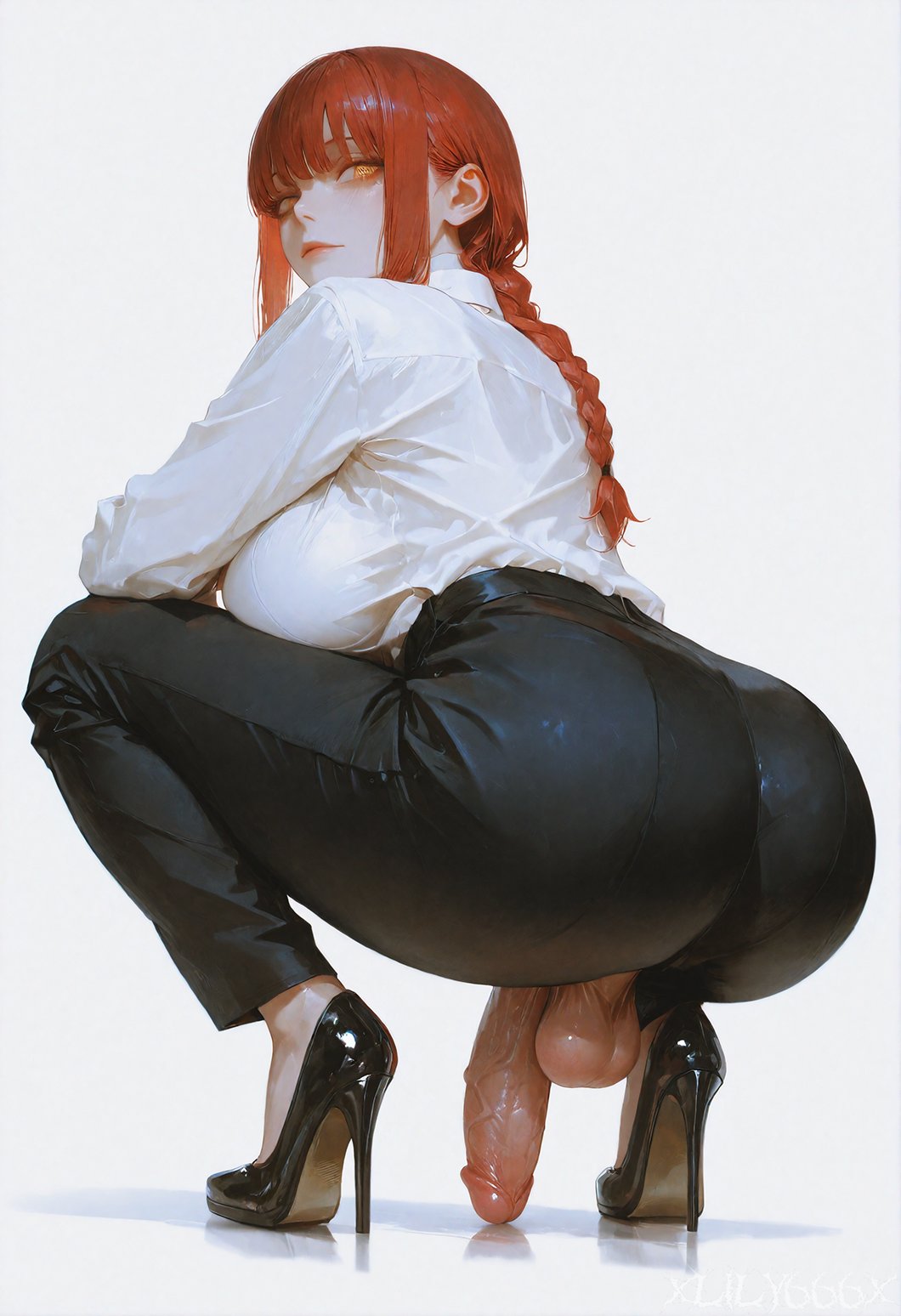 1futa, 1futanari, 2d, 4k, ai generated, ass, black footwear, black necktie, black pants, braid, braided ponytail, breasts, buttoned cuffs, chainsaw man, closed mouth, clothing, collared shirt, erection, flaccid, footwear, foreskin, formal, from behind, full body, futanari, half-erect, high heels, high-waist pants, huge ass, huge penis, large breasts, large penis, lips, long hair, long sleeves, looking at viewer, looking back, makima (chainsaw man), office lady, pants, penis, red hair, ringed eyes, shirt, shirt tucked in, shoes, sidelocks, simple background, solo, squatting, suit, testicles, tucked penis, veins, veiny, veiny balls, veiny penis, white background, white shirt, xlily666x, yellow eyes