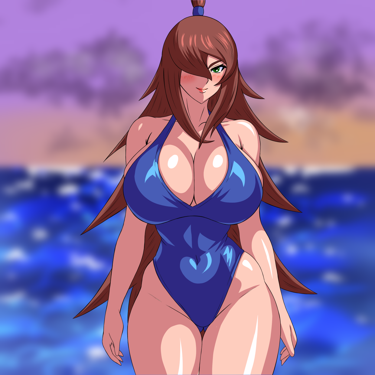 1girls, arms at sides, beach, big breasts, blurry background, blush, breasts, brown hair, child bearing hips, cleavage, female, female only, front view, green eyes, highres, hourglass figure, huge breasts, large breasts, light skin, light-skinned female, lipstick, makeup, mature, mature female, mei terumi, milf, naruto, naruto (series), naruto shippuden, one-piece swimsuit, pinup, seaside, smile, solo, solo focus, swimsuit, thick thighs, thighs, tight swimsuit, very long hair, voluptuous, wide hips, yisusplays