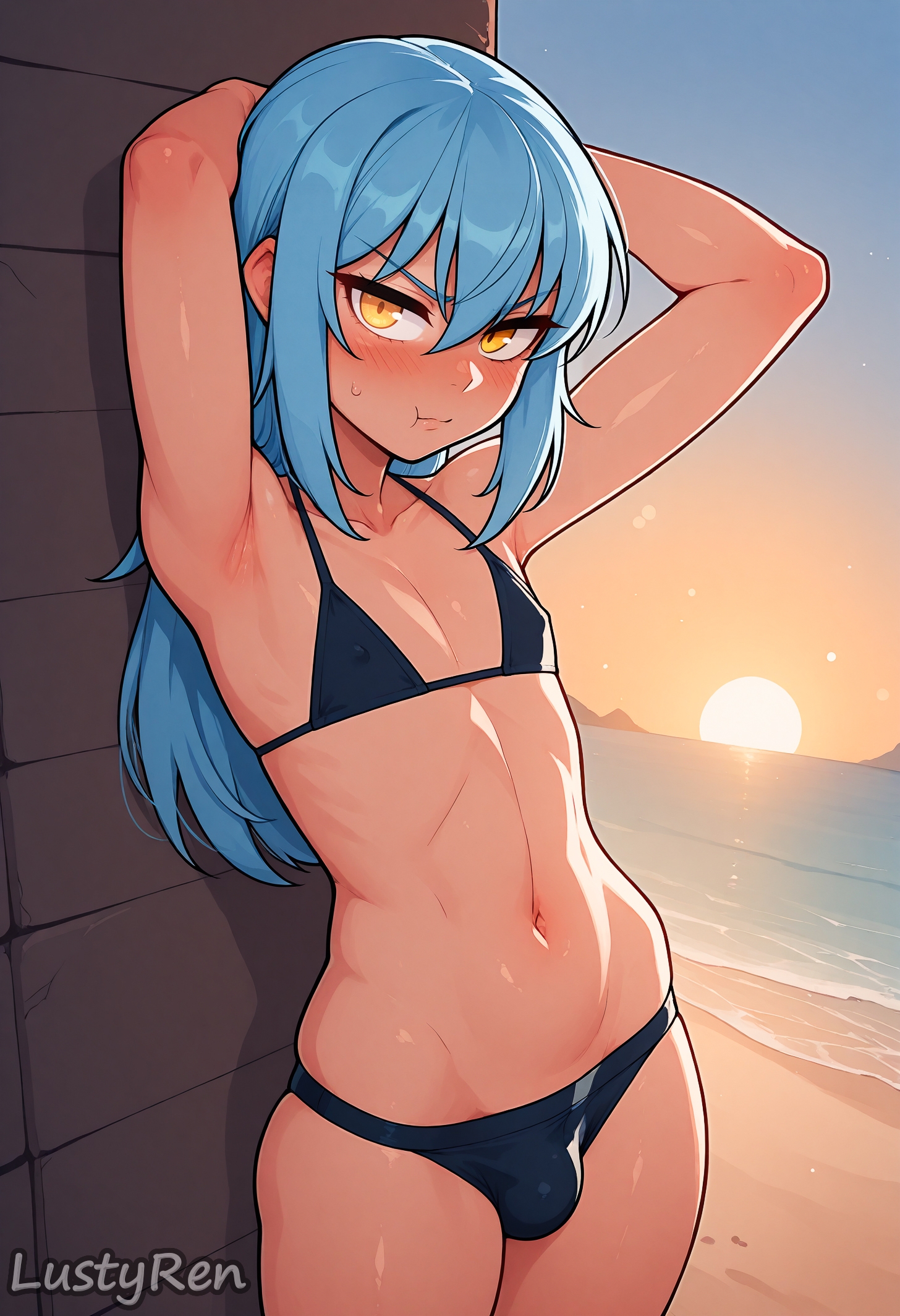 1boy, ai generated, androgynous, armpits, arms behind head, arms up, bangs, beach, bikini, black bikini, blue hair, blush, bulge, closed mouth, collarbone, covered nipples, cowboy shot, crossdressing, femboy, hair between eyes, long hair, looking at viewer, lustyren, male, male focus, male only, navel, ocean, otoko no ko, outdoors, rimuru tempest, solo, sunset, sweat, swimsuit, tensei shitara slime datta ken, yellow eyes